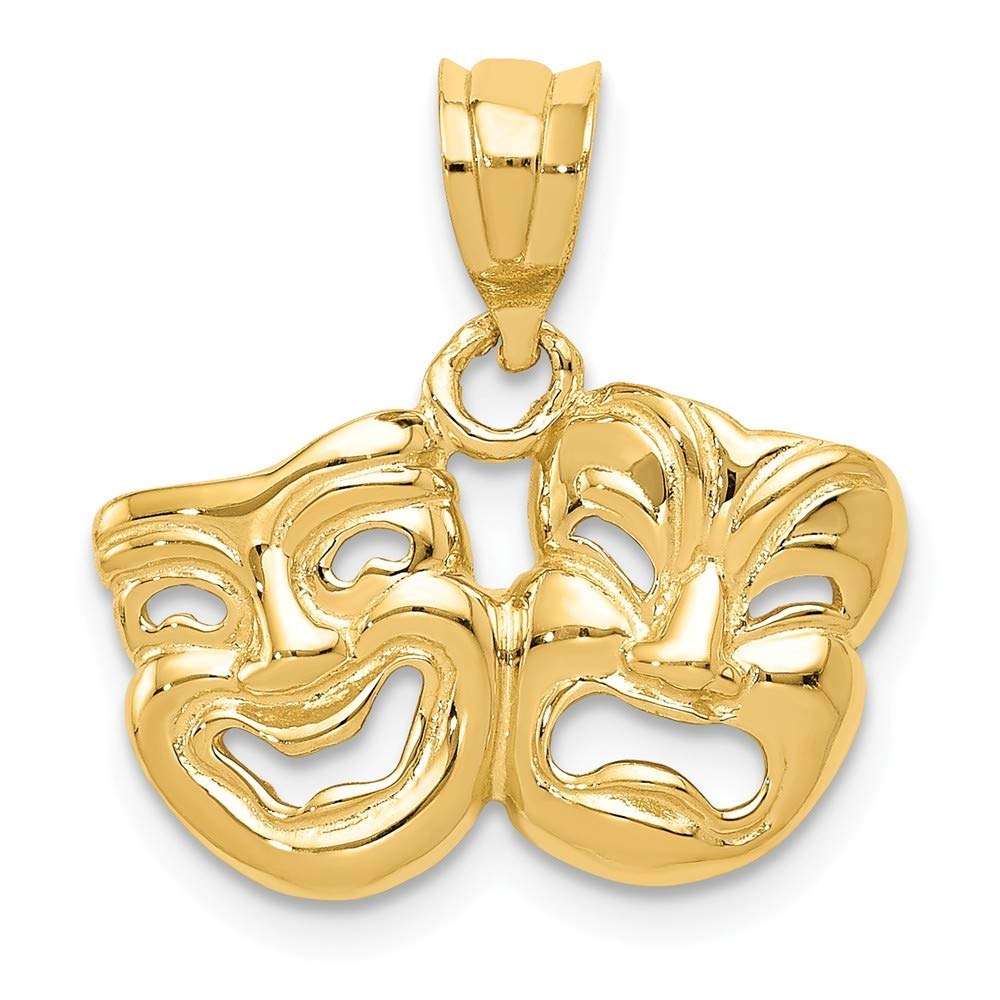 14K Yellow Gold Open Back Comedy & Tragedy Theater Pendant Necklace - 18x18.5mm Polished Jewelry Gift for Women, Actors, Theater Lovers - Perfect for Performances, Special Occasions & Everyday Wear