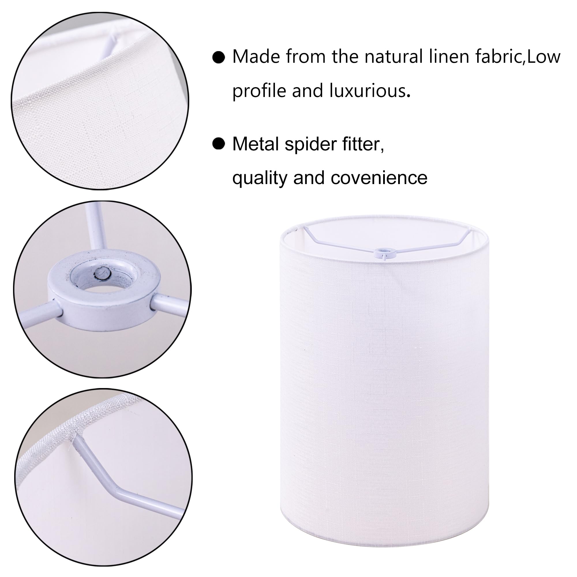 Wellmet White 6x6x10 Inch Drum Lampshade - No Assembly Required, Classic Modern Fabric Lamp Shade for Table, Bedside & Floor Lamps - Perfect for Living Room, Bedroom & Office Decor - Spider Fitter Included
