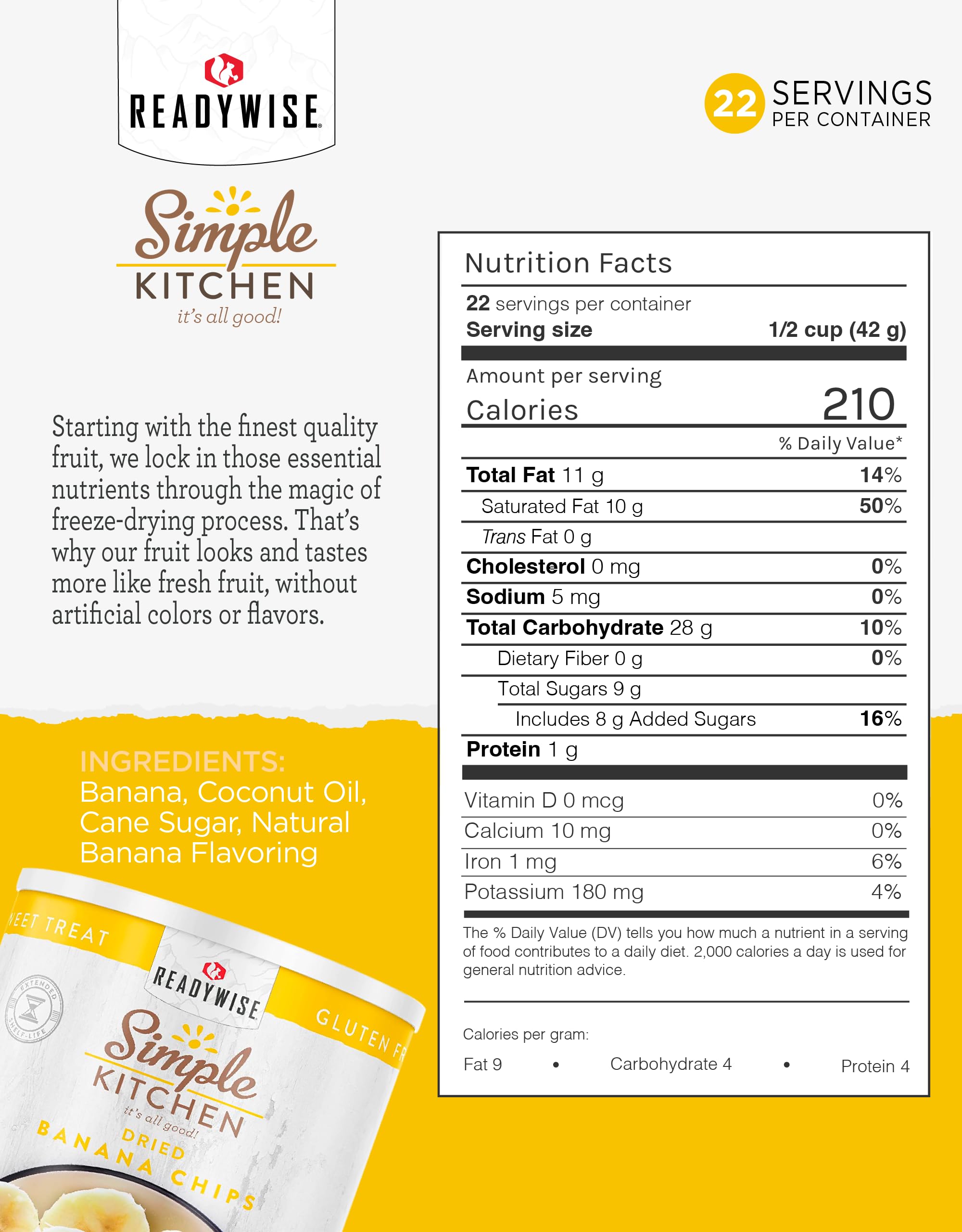 ReadyWise Dried Banana Chips - 22 Servings, Vegan, Gluten-Free, Healthy Fruit Snacks for Hiking, Camping & Emergency Food Storage | Crunchy Banana Slices Perfect for Trail Mix, Yogurt Topping & Kids Lunch Boxes