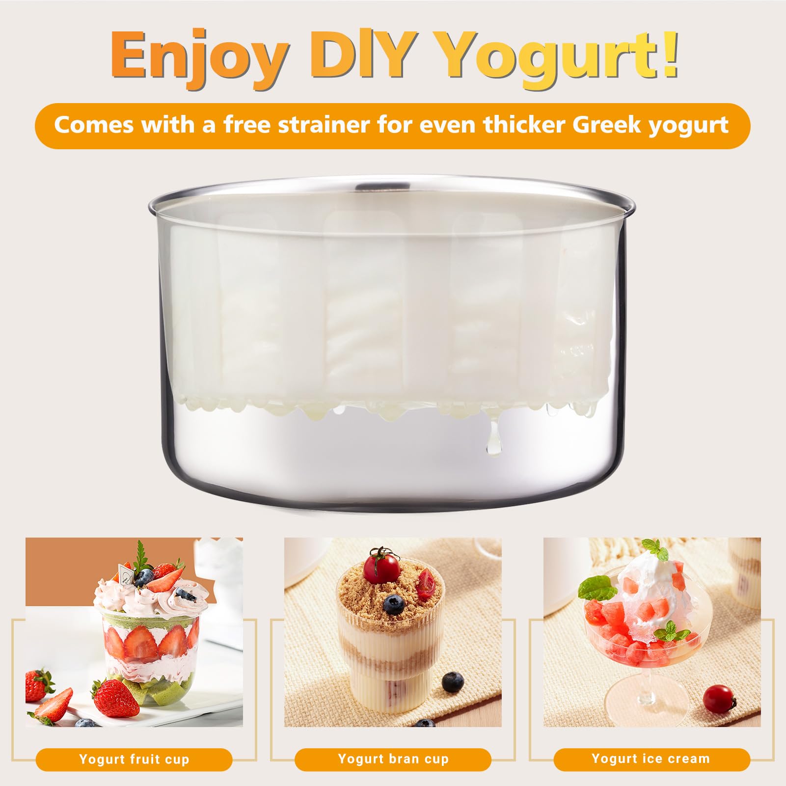 Electric Yogurt Maker Machine with Timer & Strainer - Stainless Steel Liner for Greek Yogurt, Cheese, Natto - Portable Homemade Yogurt Maker for Kitchen, Camping, Gifts (White)