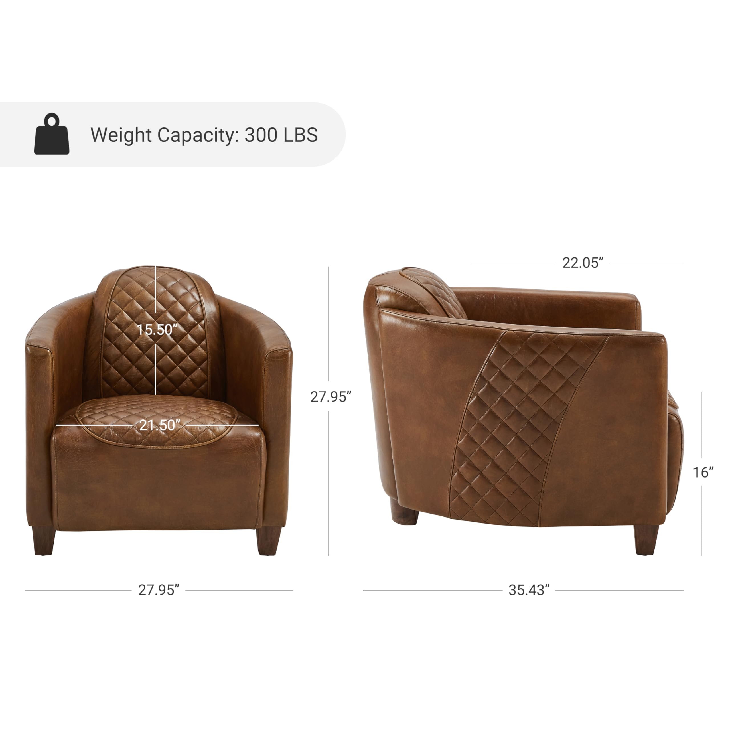 Zouron Genuine Leather Mid-Century Modern Accent Chair - Barrel Style Upholstered Living Room Sofa with Wooden Legs - Single Seater for Bedroom, Home Office & Lounge Areas - Cognac Brown (1 Piece) - Perfect for Reading Nooks, Cozy Corners & Contemporary Decor