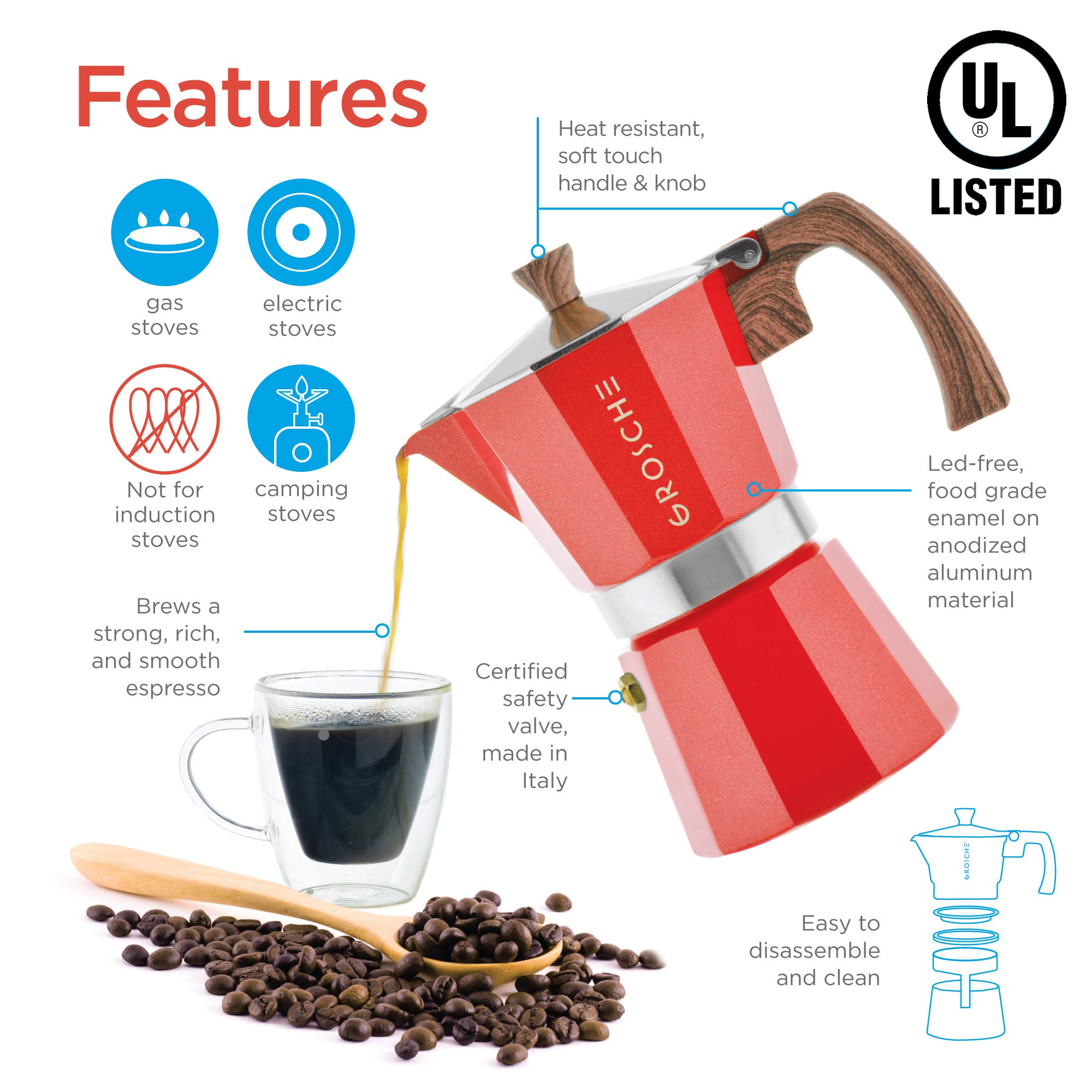 GROSCHE Milano Stovetop Espresso Maker - 3 Cup Moka Pot (5oz) - Italian Coffee Maker for Home & Travel - Perfect for Espresso, Cuban Coffee & Percolator Brewing - Red