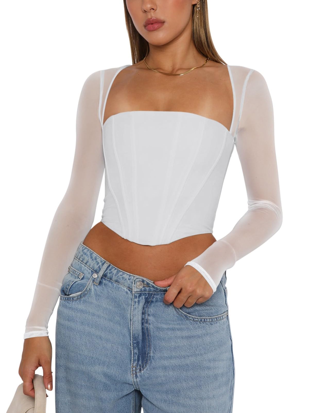 REORIA Women's Sexy Mesh Long Sleeve Corset Top - Y2K Fashion Bustier Crop Top with Boned Structure & Square Neckline | Perfect for Clubbing, Date Nights, and Festival Outfits