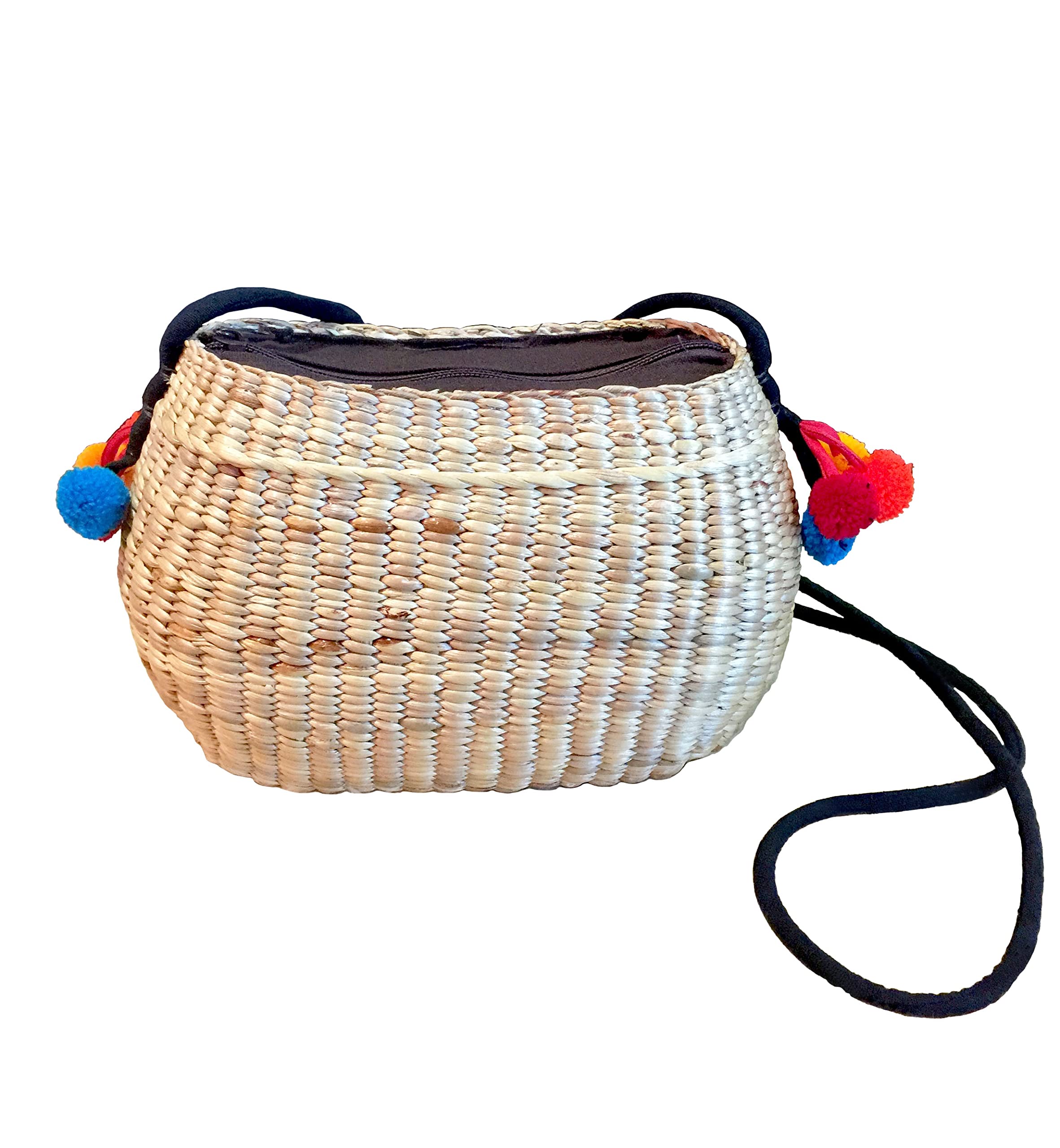 Handwoven Straw Bag with Pom Poms - Crossbody Straw Handbag, Mini Straw Tote & Beach Bag for Women | Summer Vacation, Boho Festival & Beach Outfit Accessory