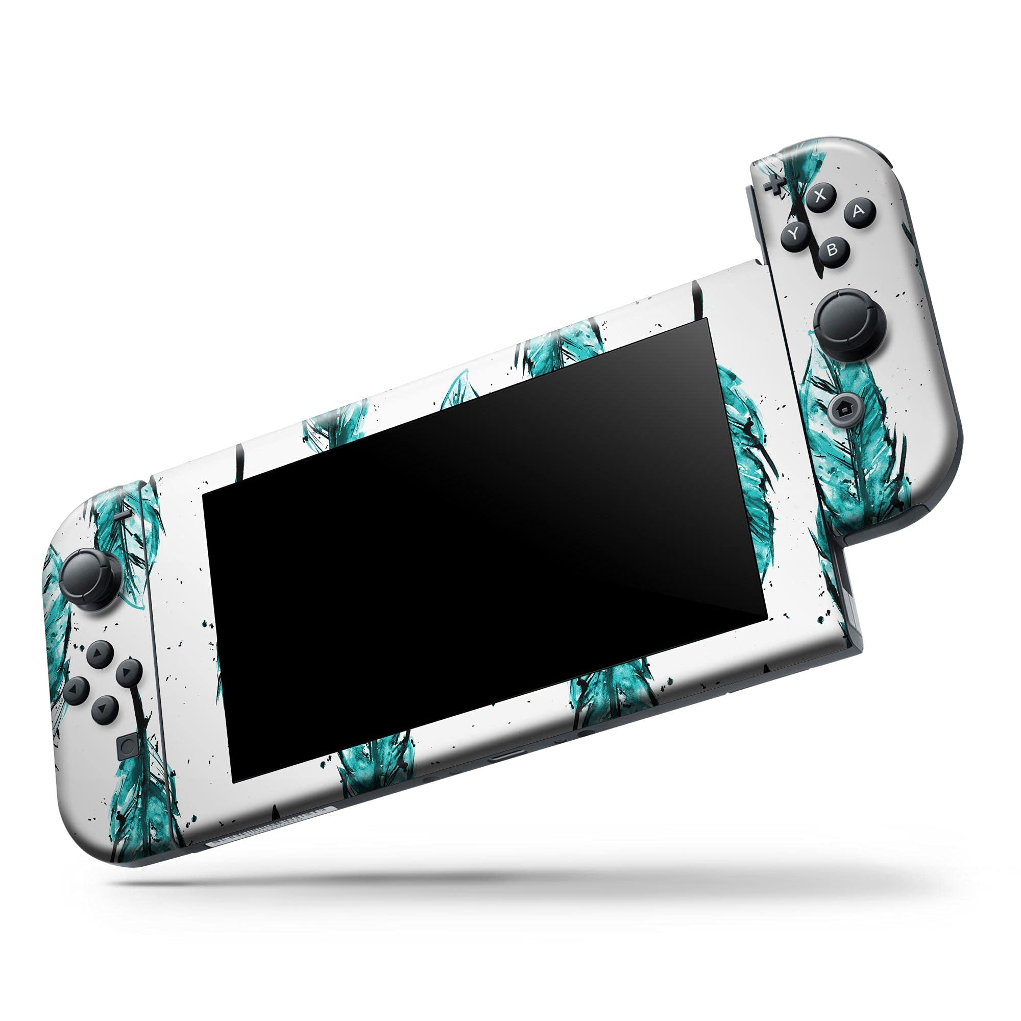 Nintendo Switch Joy-Con Skin Decal - Scratch-Resistant Removable Vinyl Wrap Cover - Splattered Teal Watercolor Feathers Design - Protective Cover for Gaming Accessories - Perfect for Switch Joy-Con Controllers Protection and Customization