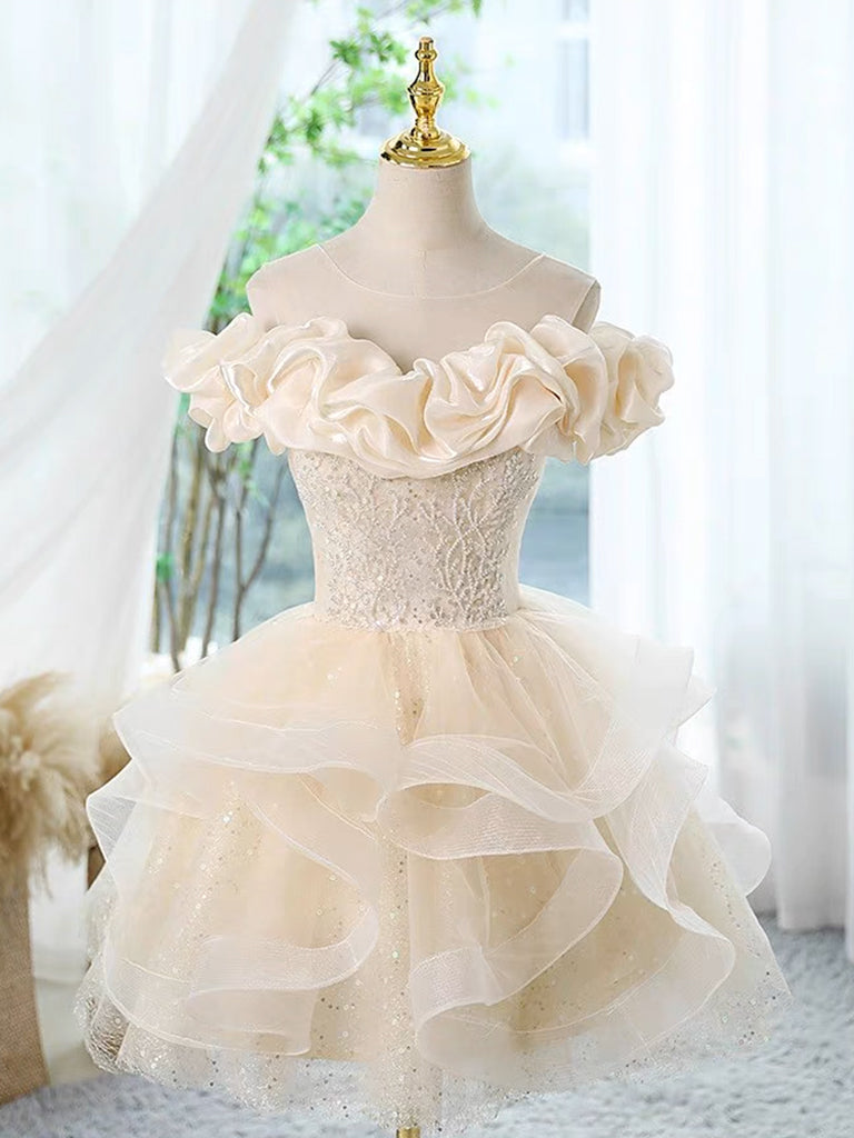 Champagne Tulle Lace Short Prom Dress for Homecoming - Elegant Cocktail Party Gown for Teens & Juniors - Perfect for Dances, Formals & Special Occasions
