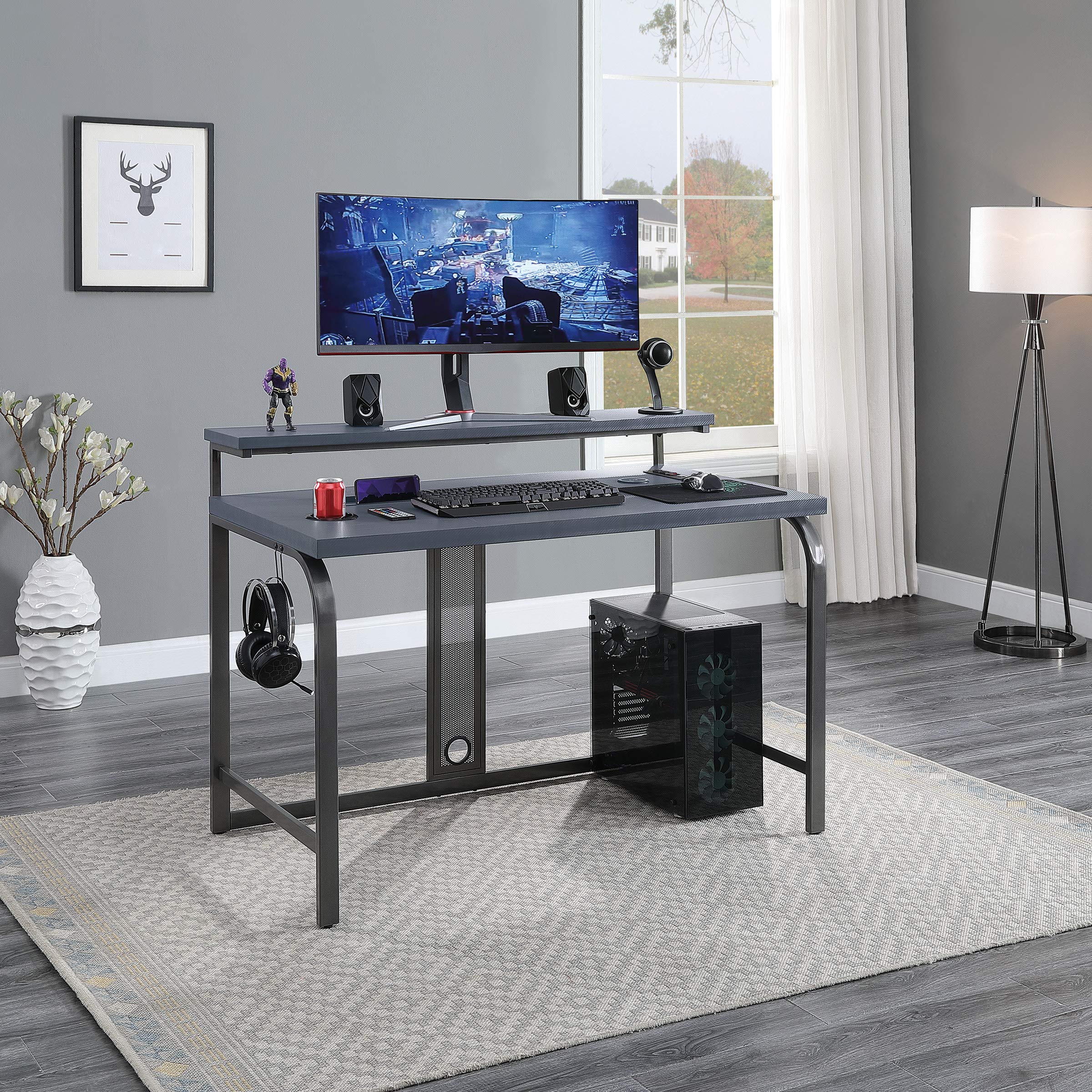 OSP Home Furnishings Reload Gaming Desk with Wireless Charging, USB Power Hub & RGB LED Lights - Remote Control, Matte Grey Carbon Fiber Surface | Perfect for PC Gaming Setup, Home Office & Streaming Station