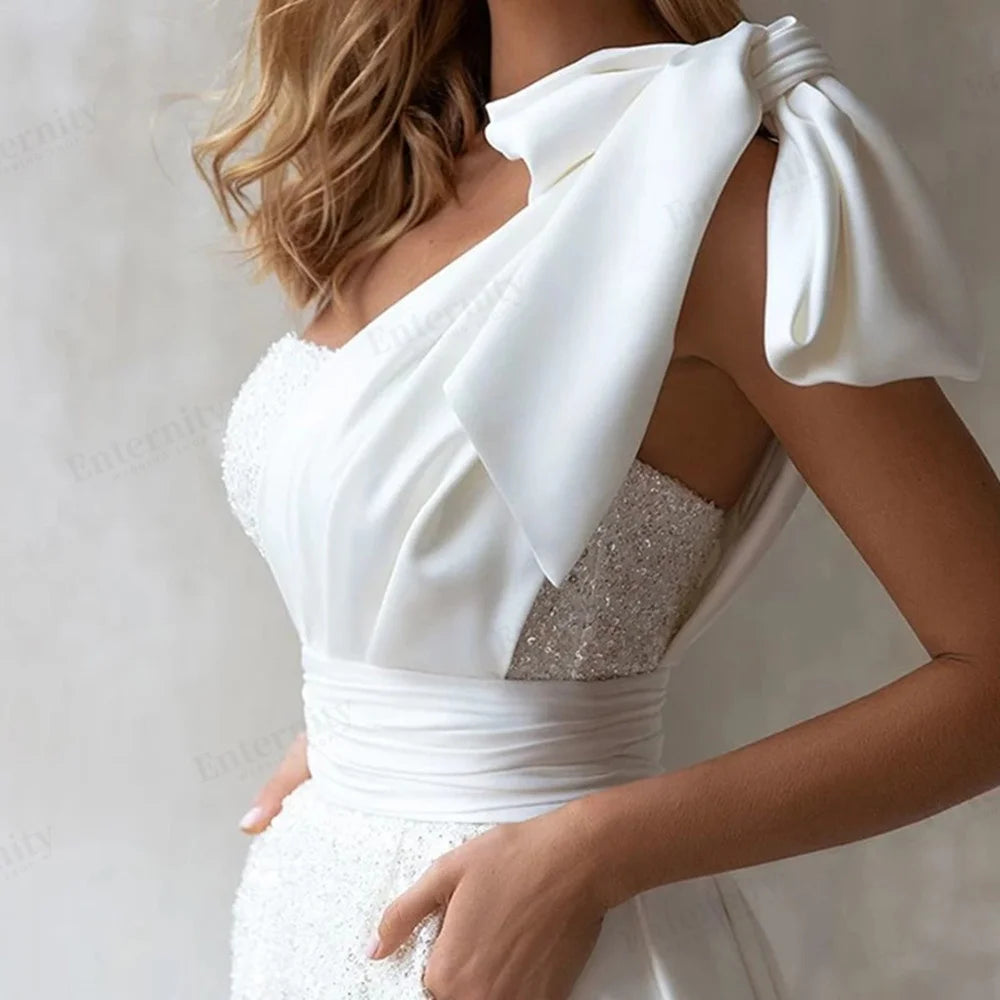 Elegant One Shoulder Short Jumpsuit Wedding Dress with Detachable Train & Bow - Perfect for Beach Weddings, Vow Renewals & Romantic Photoshoots