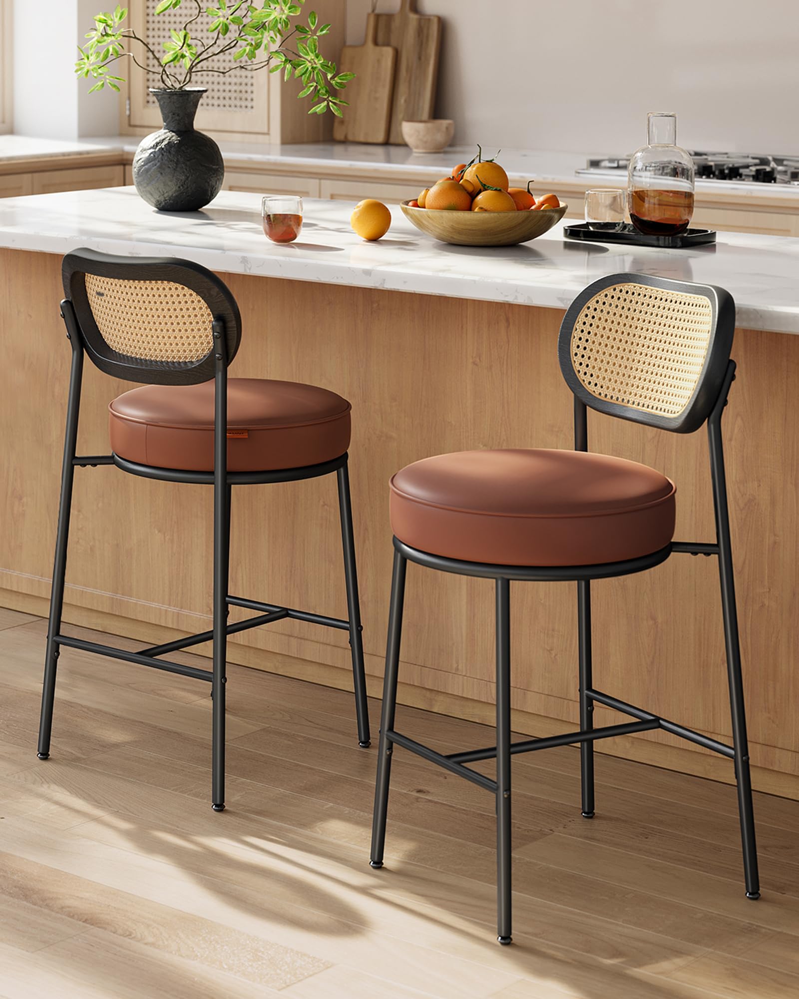 VASAGLE 2-Pack Counter Height Bar Stools with PE Rattan Back & Synthetic Leather Seat - 25.1