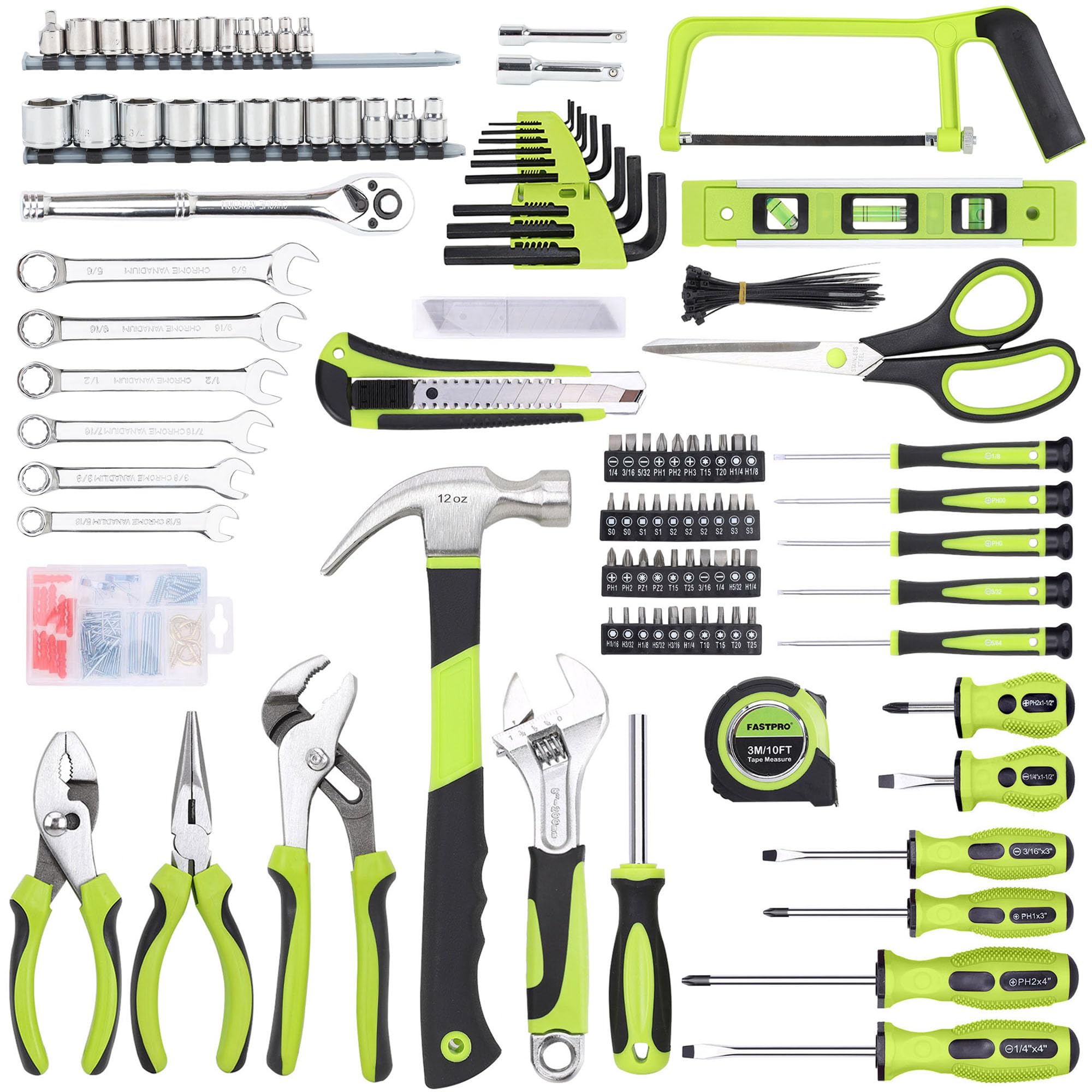 FASTPRO 267-Piece Home Tool Set - Complete Household Repair Tool Kit with 13-Inch Wide Mouth Tool Bag | Mechanics Hand Tools for DIY Projects, Home Maintenance & Car Repairs | Perfect for Beginners & Professionals (Green)