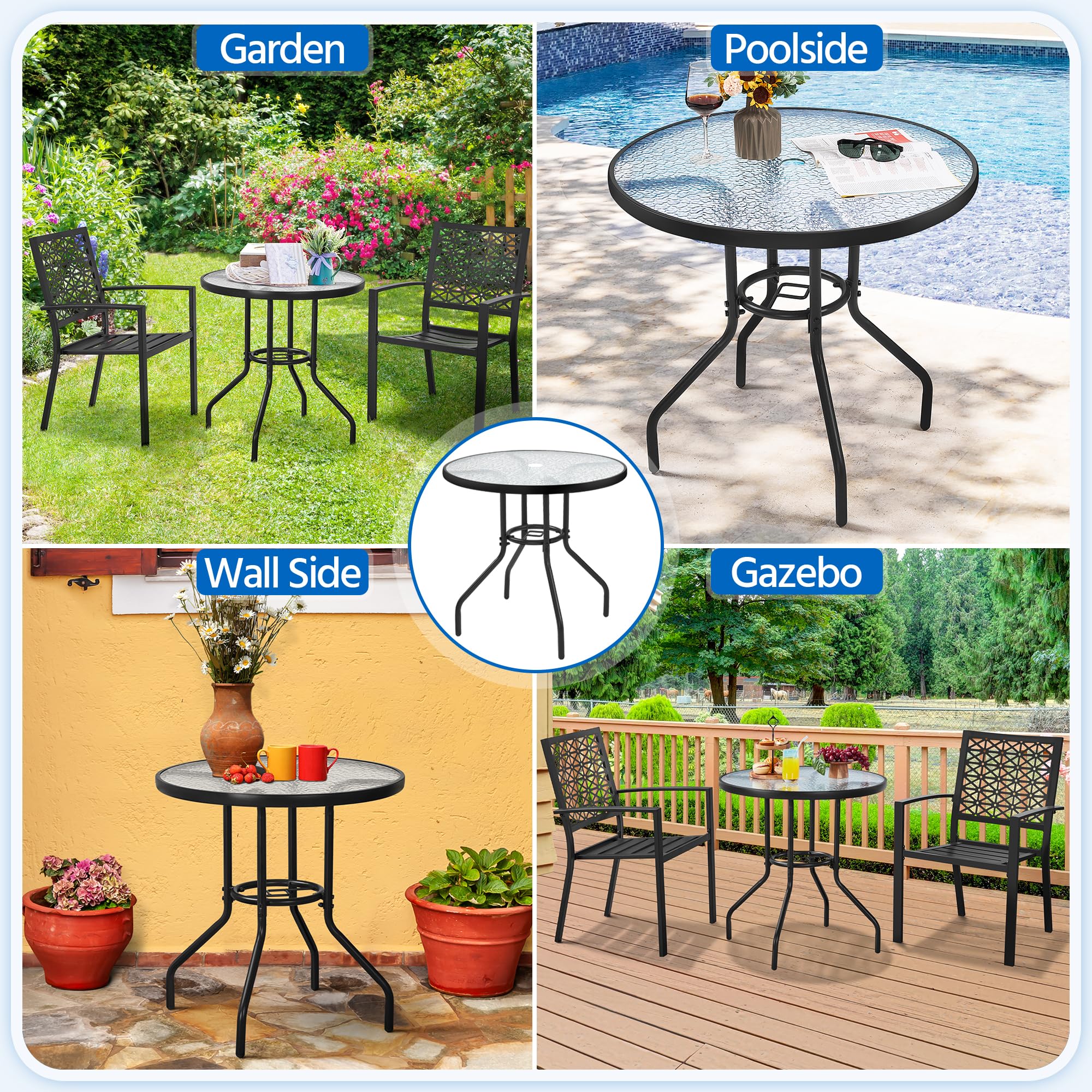 Yaheetech 31.5 Inch Round Outdoor Bistro Table with Tempered Glass Top & Umbrella Hole - Durable Iron Frame Patio Coffee Table for Balcony, Backyard, Garden, Poolside & Outdoor Dining
