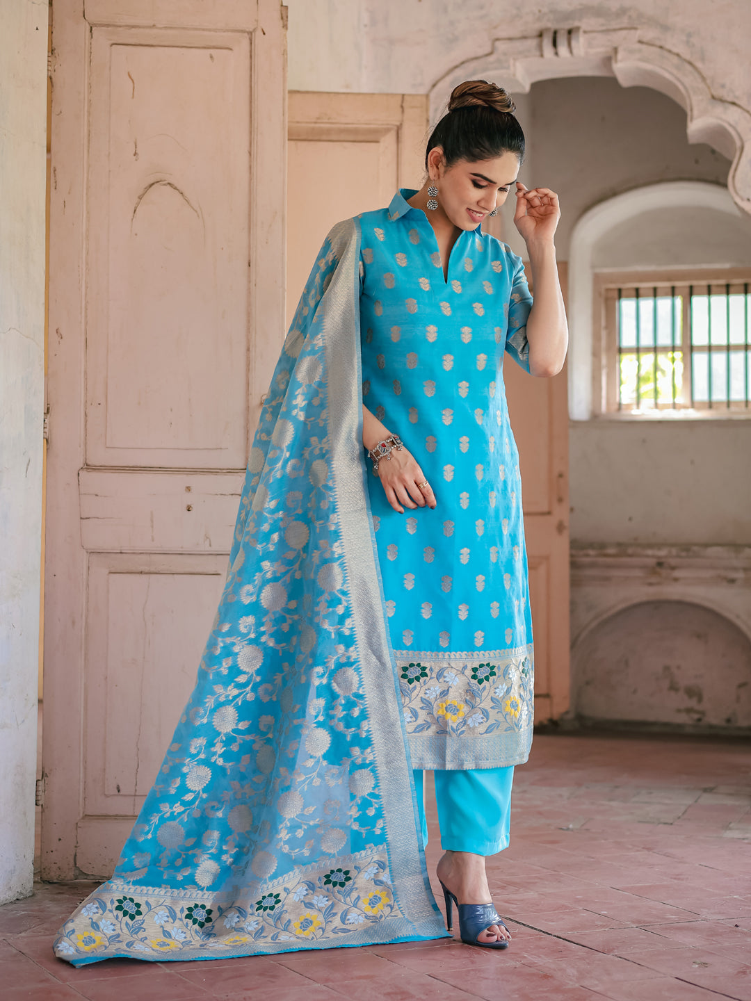 Stylish Blue Designer Pant Suit with Wevon Pattern - Perfect for Office Wear, Business Meetings & Formal Events