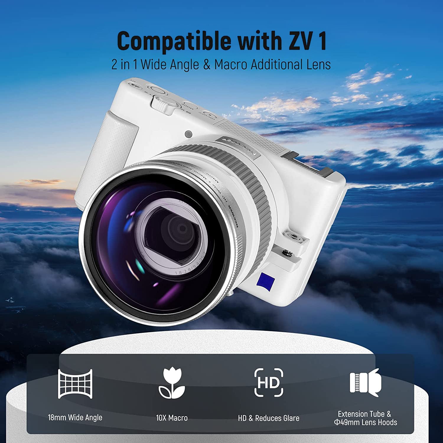 NEEWER 2-in-1 Wide Angle & 10x Macro Lens for Sony ZV1 Camera - Compatible with ZV-1, Perfect for Vlogging, Close-Up Photography & Travel Shots