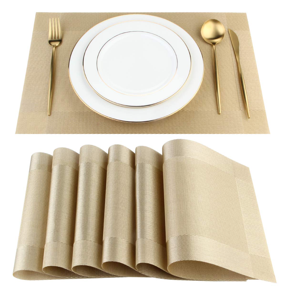 DACHUI Set of 6 Woven PVC Placemats for Dining Table - Gold, Washable & Durable Table Mats for Kitchen, Restaurant, and Home Decor - Perfect for Everyday Meals, Dinner Parties, and Holiday Gatherings