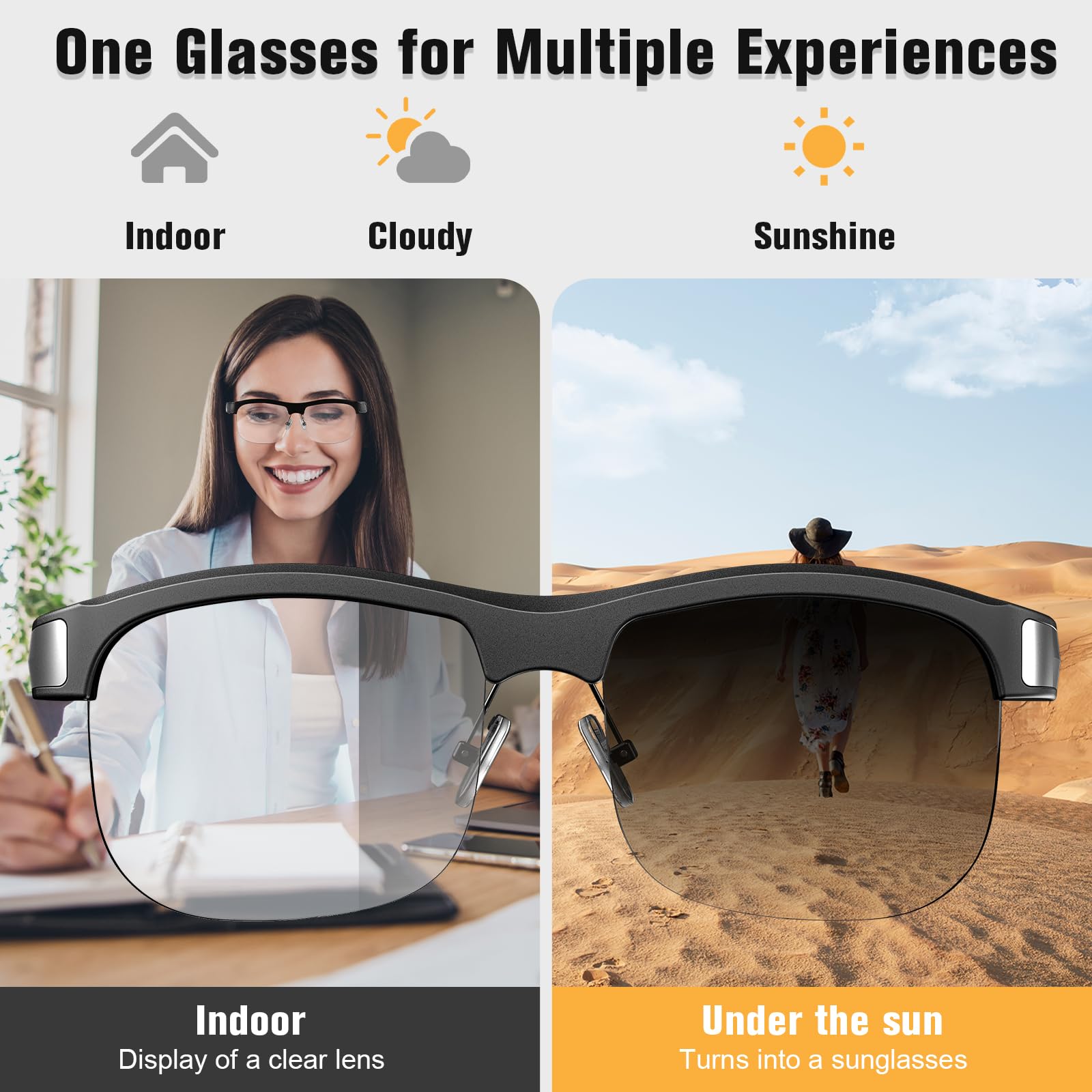 Smart Blue Light Blocking Bluetooth Sunglasses for Women & Men - Photochromic Lens, Built-in Mic & Speakers - Perfect for Driving, Gaming & Outdoor Activities