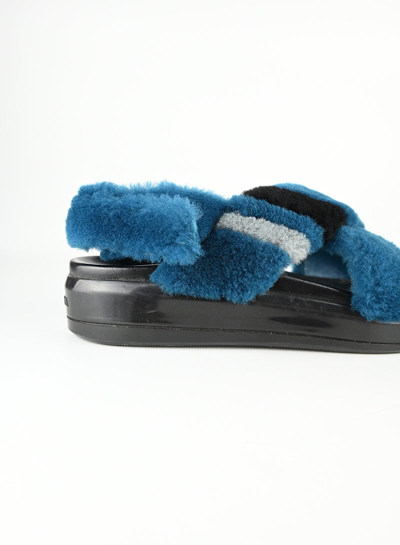 Prada Blue Fur Sandals Women's Size 39 - Luxury Designer Slides for Summer & Beach Wear