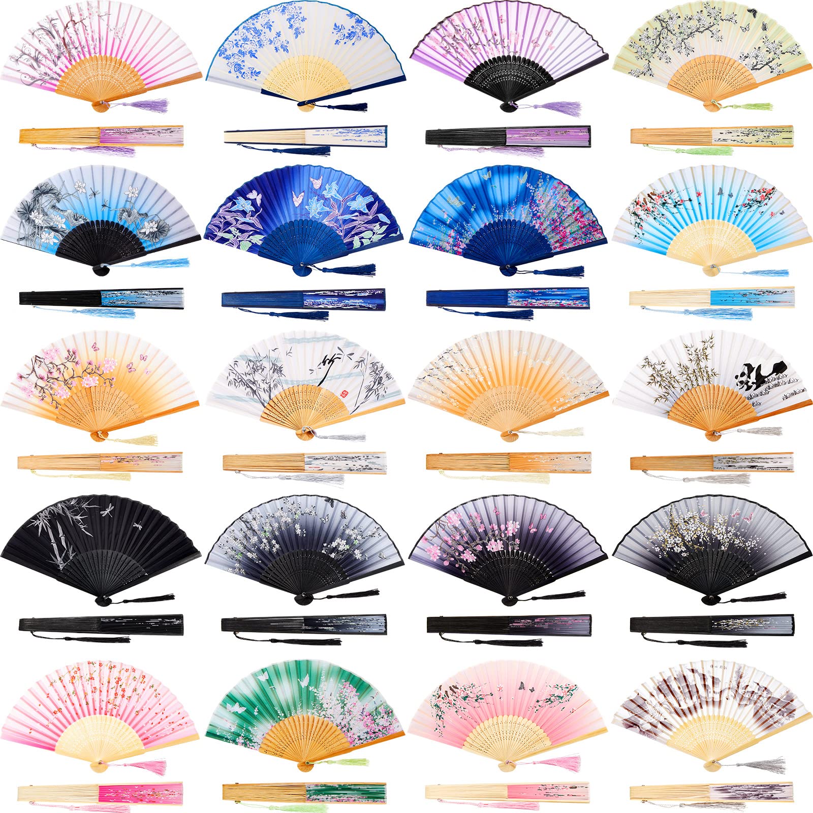 Yulejo 20 Pcs Floral Hand Fans - Chinese Vintage Style Folding Fans with Silk Fabric & Elegant Tassels | Perfect for Weddings, Parties, Home Decor & Photo Props