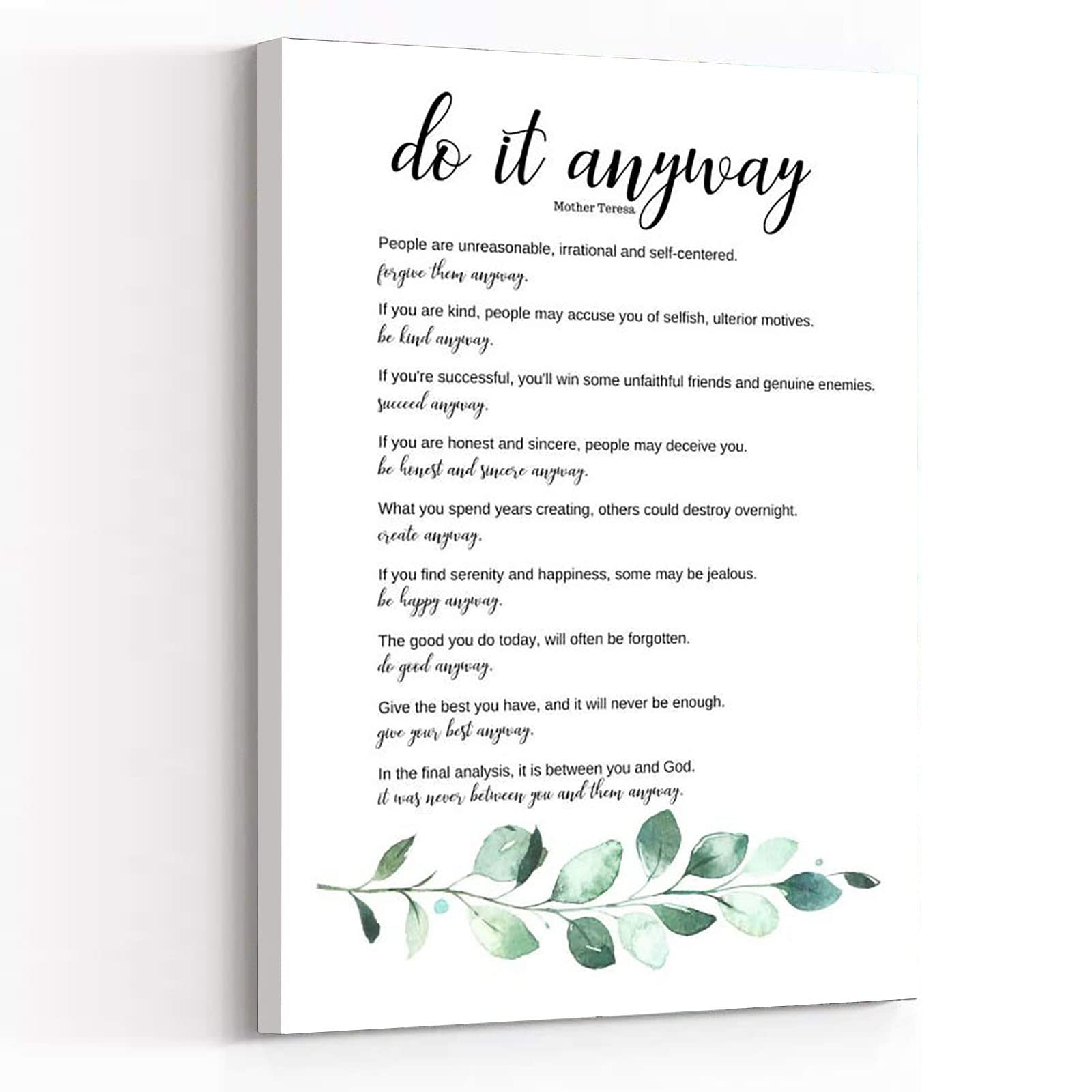 Inspirational Canvas Wall Art - Mother Teresa 'Do It Anyway' Quote - Motivational Poster for Home & Office - 12''x18'' Framed Modern Wall Decor - Perfect for Bedroom, Living Room, Therapist Office & Counselor Space