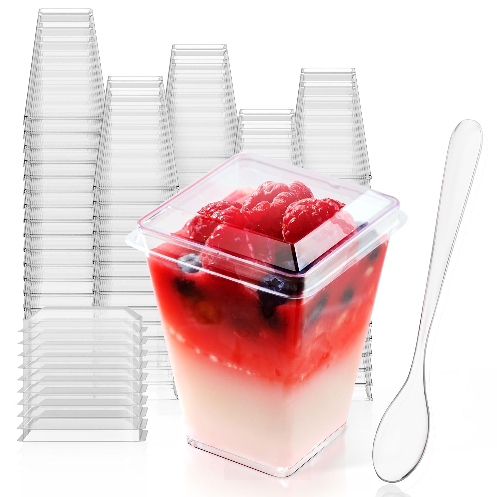 JOLLY CHEF 100-Pack 5 oz Clear Plastic Dessert Cups with Lids & Spoons | Disposable Square Appetizer Containers for Pudding, Fruit, Ice Cream | Perfect for Parties, Catering, and Home Entertaining