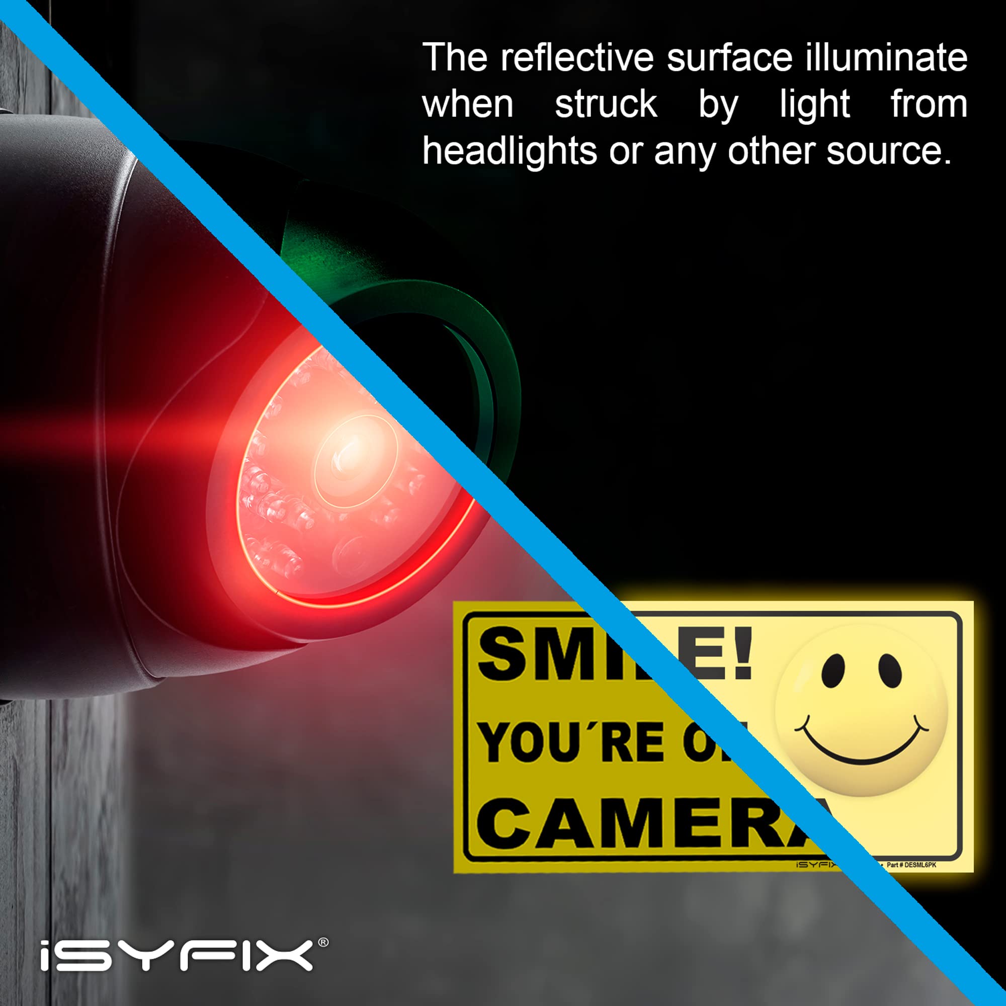 iSYFIX Smile You're On Camera Reflective Security Stickers - 6 Pack (4x2 Inch) - UV, Weather & Scratch Resistant - Durable Home & Business CCTV Warning Signs for Enhanced Security (Perfect for Doors, Windows & Driveways)
