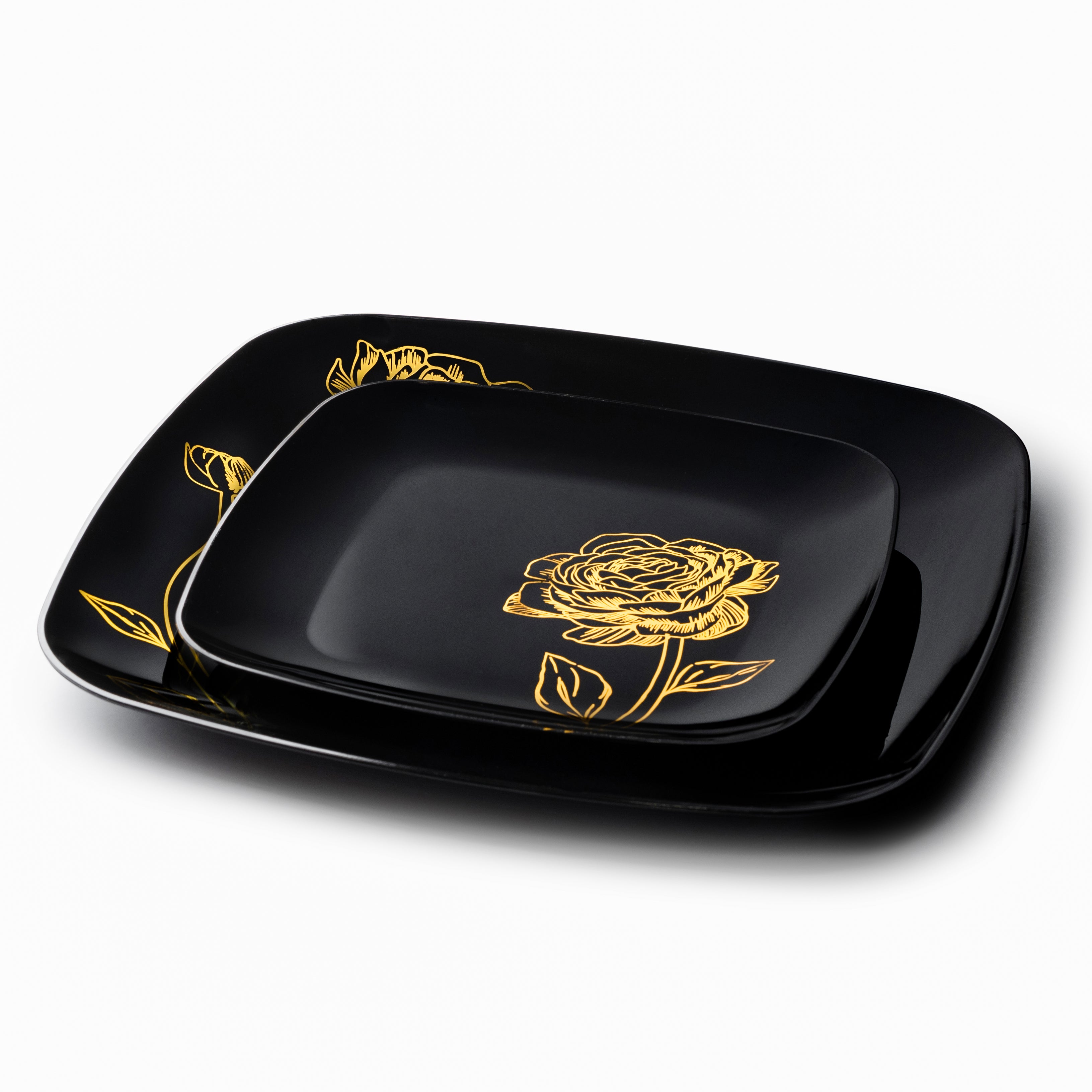 32-Piece Black & Gold Square Plastic Dinnerware Set - 16 Place Settings - Shatterproof Party Plates & Cups - Perfect for Weddings, BBQs, and Outdoor Events