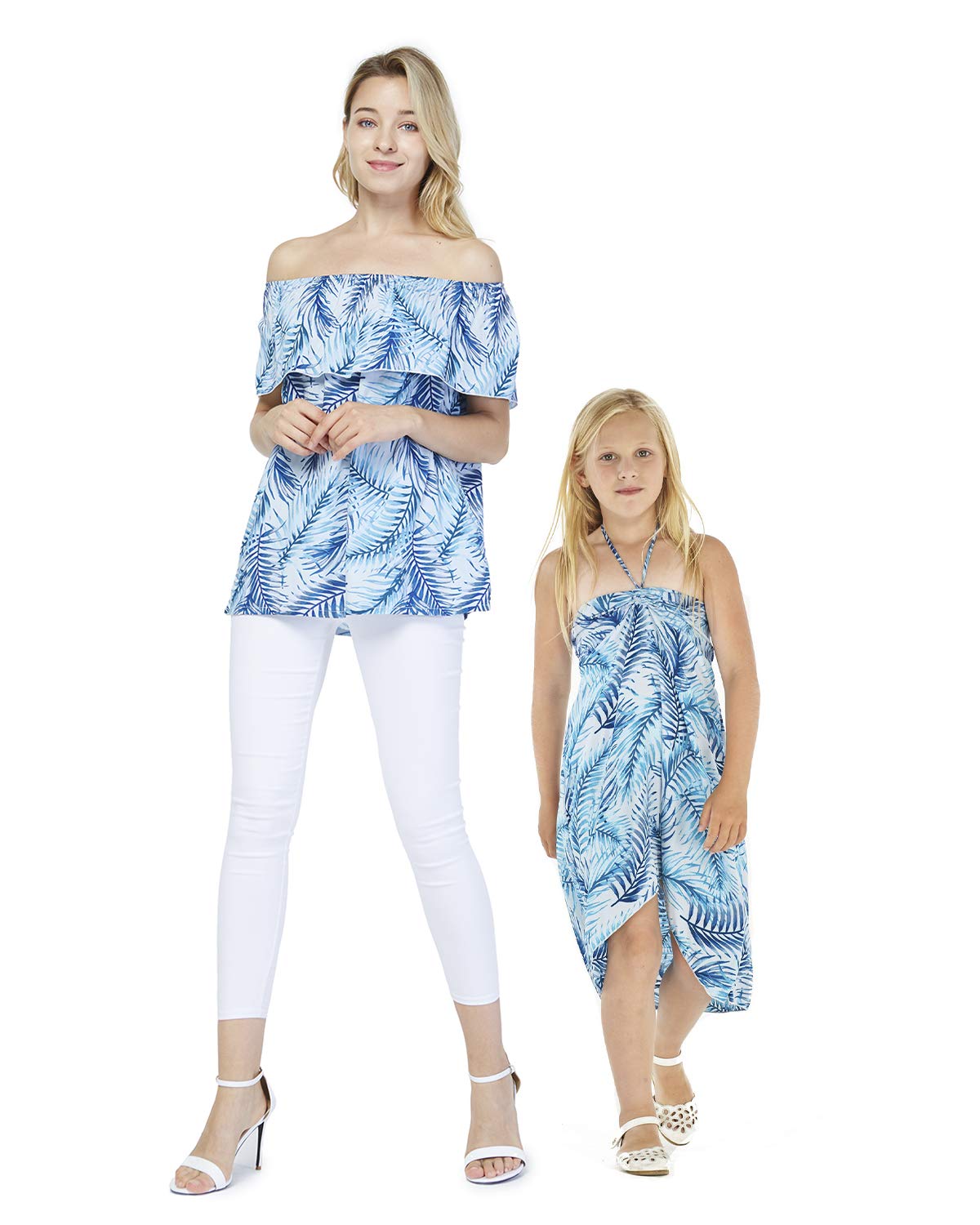 Hawaiian Luau Matching Mother Daughter Outfits - Off Shoulder Halter Dress in Simply Blue Leaf for Beach Vacation, Family Photos & Summer Parties