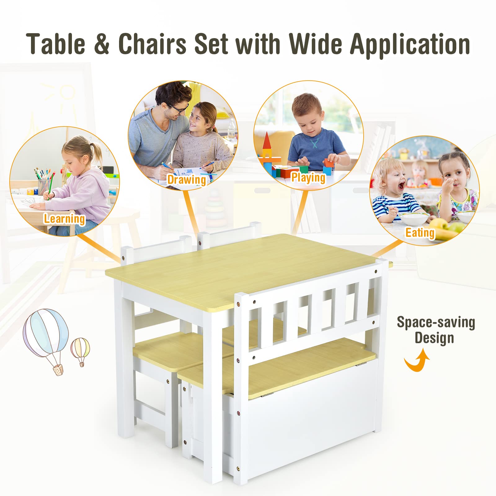 Costzon Kids Wooden Activity Table & Chair Set with Storage Bench - 2 Chairs for Toddlers, Children's Reading, Arts & Crafts, Snack Time, Homework, Playroom Furniture (Natural Wood) - Perfect for Preschool Learning, Playdates & Creative Play Spaces