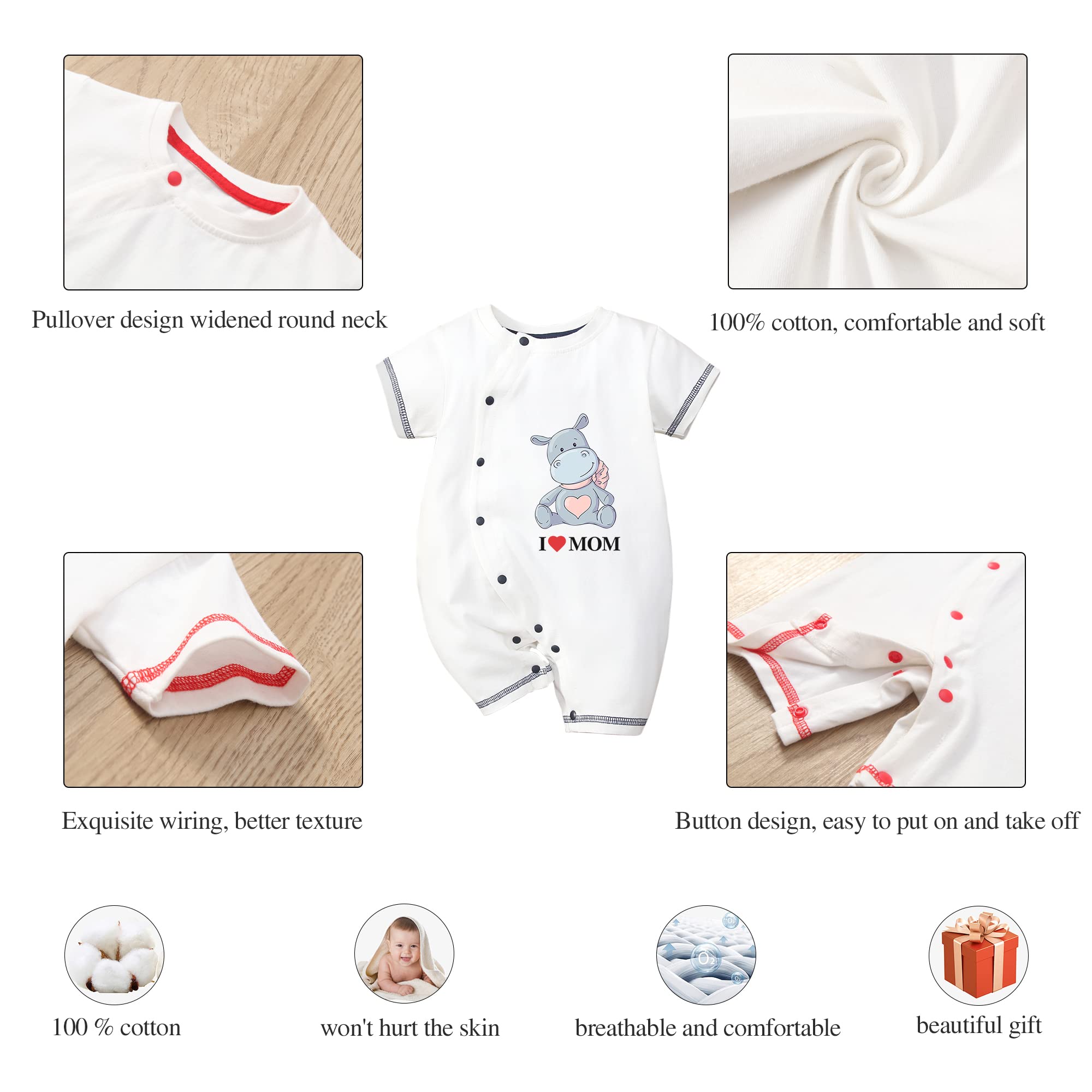 Baby Boy & Girl Cotton Birthday Outfits - Cute Hippo Print Unisex Bodysuit 0-24 Months | Newborn I Love Mom Onesie | Perfect for First Birthday Photos & Family Matching Outfits