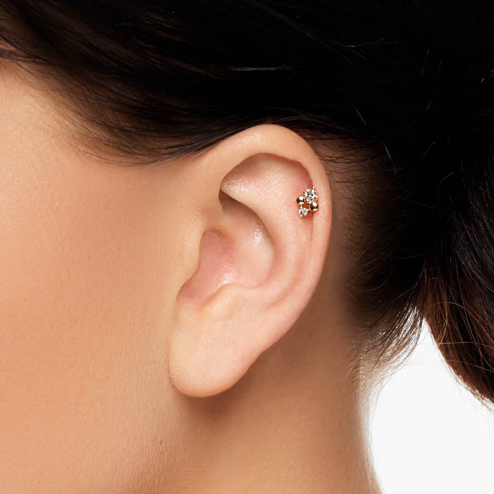 10k Gold Diamond and Ball Quartet Helix Single Stud Earrings – Elegant Body Jewelry for Cartilage, Tragus, or Helix Piercing – Perfect for Parties, Weddings, and Everyday Wear