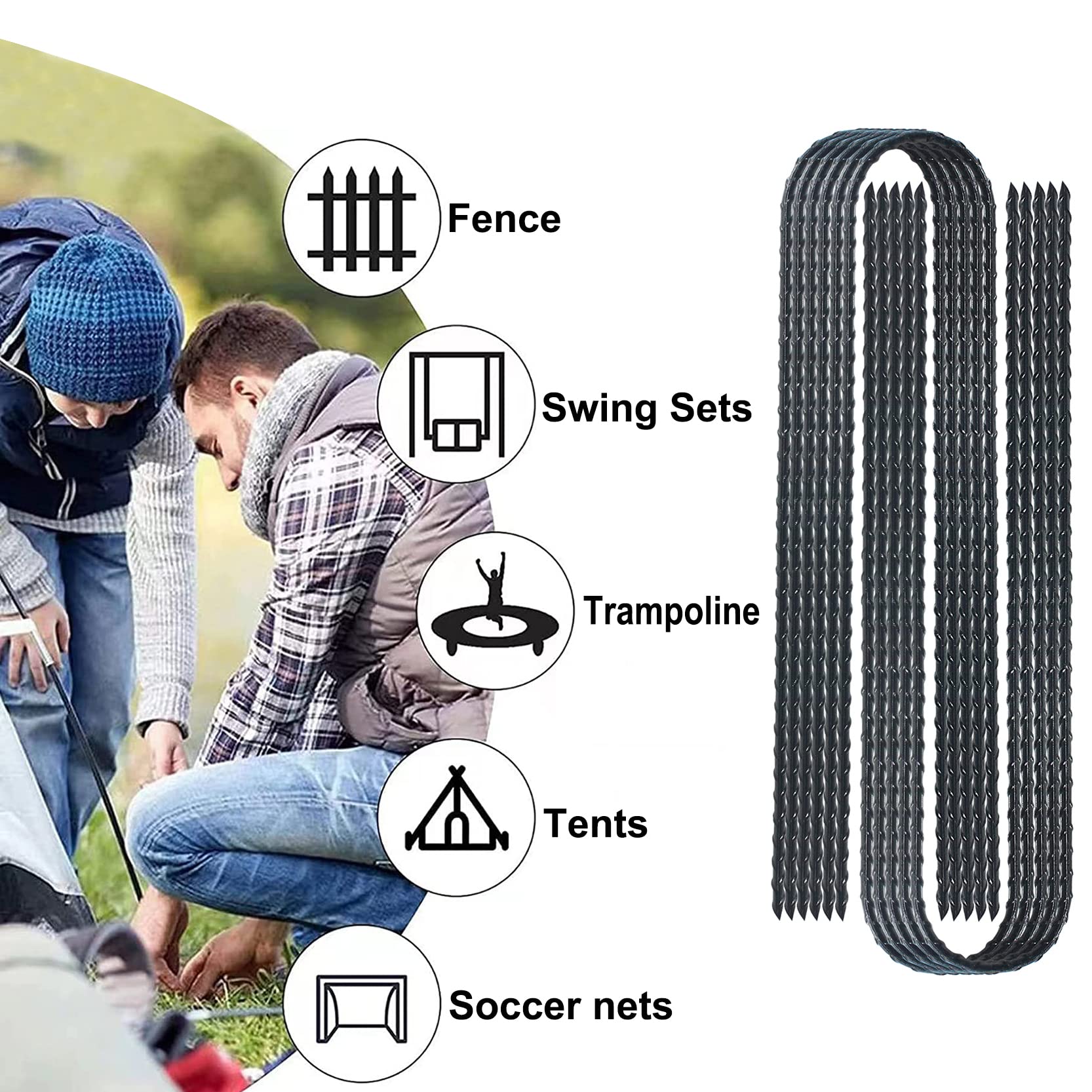 DTANX 12 Pack 12 Inch Heavy Duty Rebar Stakes - Black Steel Ground Anchors for Trampoline, Garden, Tent & Outdoor Use | Secure Anchoring for Windy Conditions & Uneven Terrain