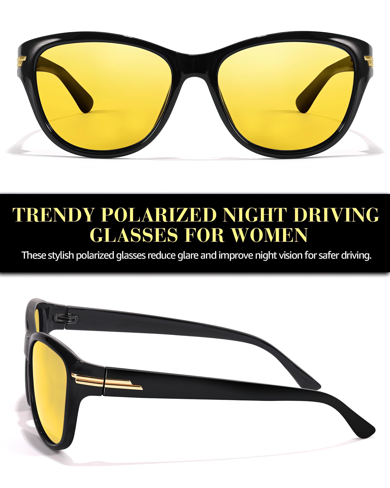 FIMILU Polarized Night Vision Driving Glasses for Women - Anti Glare Yellow Tinted Lens, Trendy Designer Eyewear for Night Driving & Low Light Conditions - Perfect for Commuting, Road Trips and Evening Activities