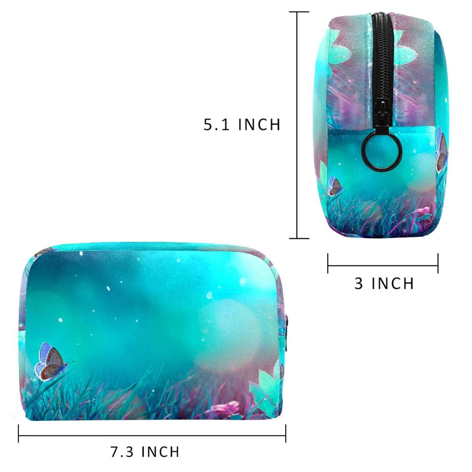 Elegant Cyan Grass Butterfly Makeup Bag - Large Capacity Travel Toiletry Organizer Case for Women | Perfect for Travel, Gym, and Daily Cosmetics Storage