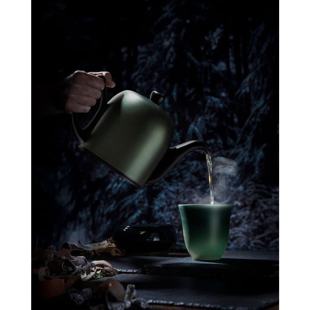 Premium French Porcelain Teapot with Emerald Aluminum Lid - 36oz (6 Cup) Loose Leaf Tea Kettle with Removable Infuser - Elegant Black Ceramic Tea Pot for Afternoon Tea, High Tea & Home Decor