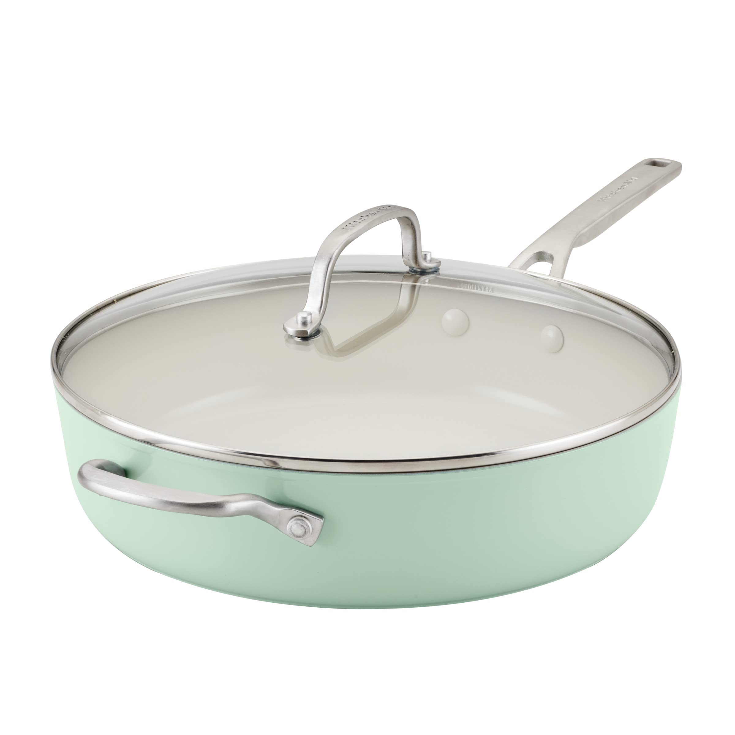 KitchenAid 5-Quart Nonstick Sauté Pan - Hard Anodized Ceramic Cookware with Shatter-Resistant Glass Lid & Riveted Handle - Even Heat Distribution, Oven Safe to 500°F, Easy to Clean - Pistachio Green - Perfect for Sautéing, Frying, and Simmering in Modern Kitchens