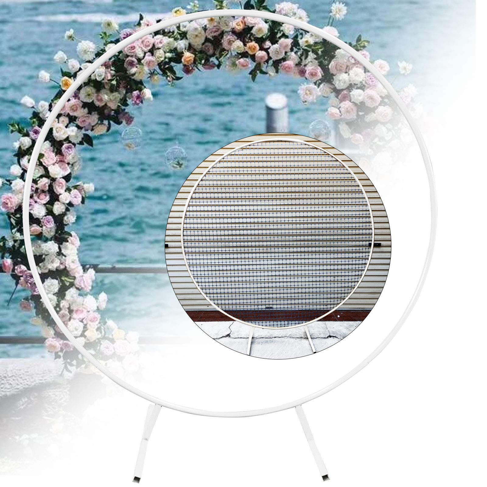 7.1ft White Iron Wedding Arch with Plastic Net - Round Balloon Arch Frame for Ceremony, Indoor & Outdoor Party Decor (6.6ft Diameter x 7.1ft Height) - Perfect for Weddings, Baby Showers, Birthday Parties & Garden Events