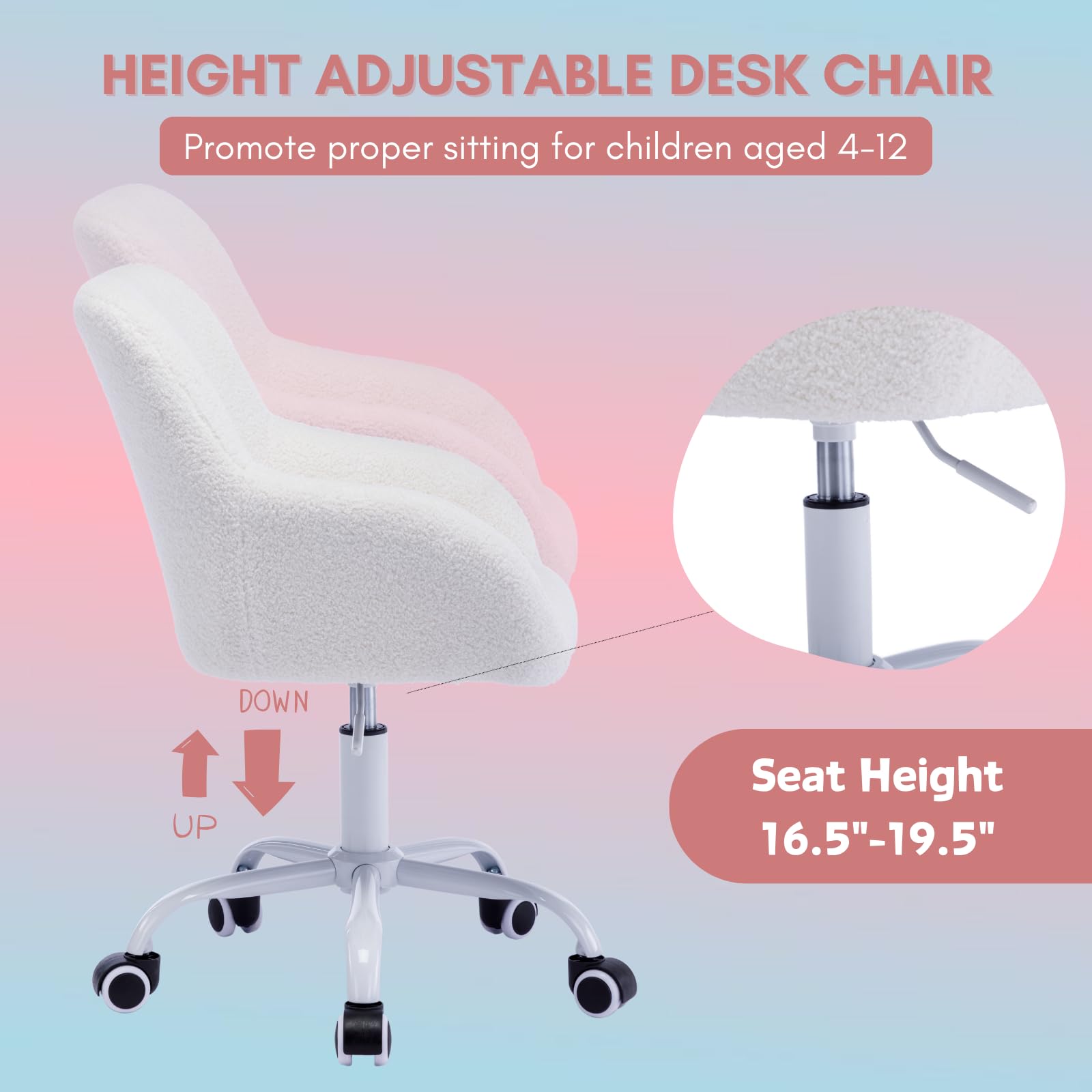 LukeAlon Adjustable Kids Desk Chair - Ergonomic Swivel Study Chair with Sherpa Upholstery & Arms for Children, Girls & Boys - Perfect for Reading, Homework & Computer Use - White