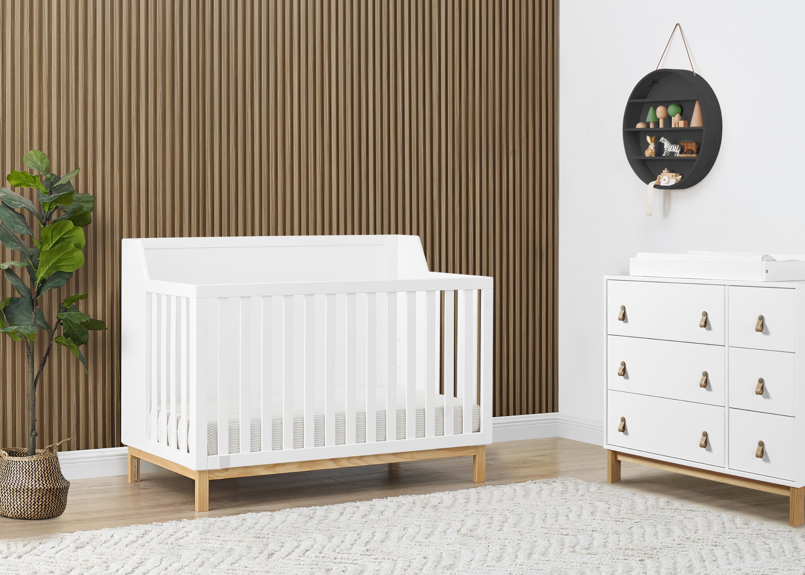 GAP BabyGap Oxford 7-Piece Nursery Furniture Set - Convertible Crib, 6-Drawer Dresser, Changing Table, Mattress & Accessories in Bianca White/Natural - Perfect for Newborn & Toddler Bedrooms