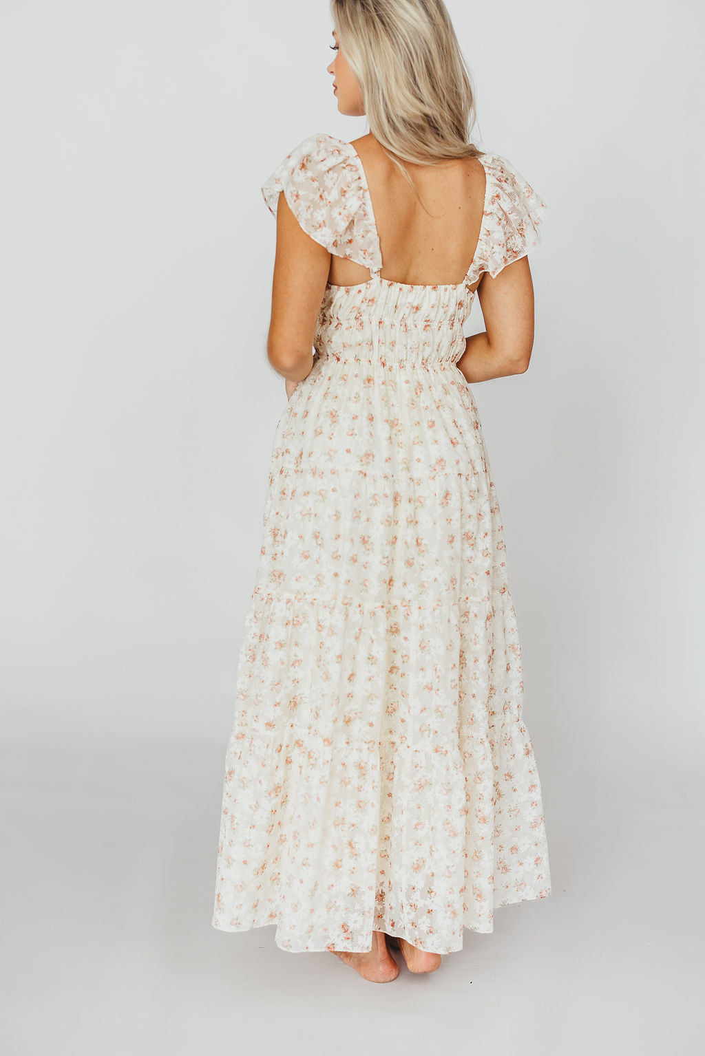 Elegant Floral & Gingham Ruffled Maxi Dress for Women - Cream Peach Summer Dress, Boho Chic Beach Wedding Guest Outfit, Perfect for Vacations & Outdoor Parties