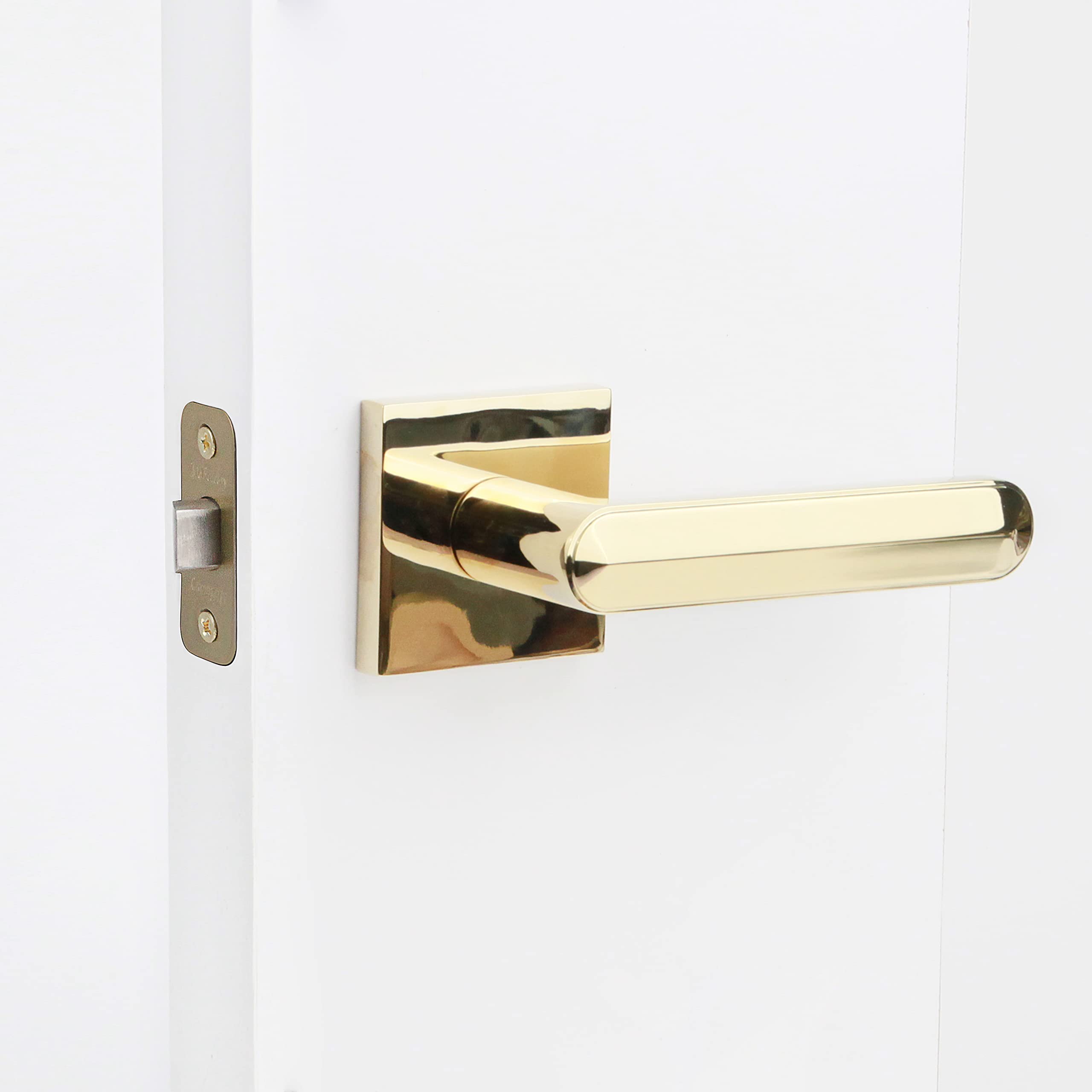 Heavy Duty Beaux Interior Door Lever - 28 Degree Latch Modern Door Handle for Bedroom, Bathroom, Hall & Closet - Polished Brass Passage (Left Hand) | Perfect for Home Renovation & Interior Design Projects