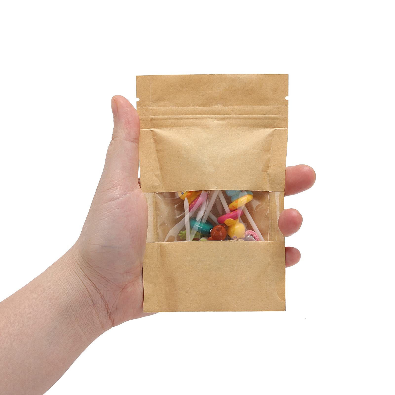 100pcs 3.5 x 5.5 Inch Kraft Paper Stand Up Ziplock Bags with Window - Eco-Friendly Food Storage Pouches for Cookies, Snacks, Tea, Candy | Perfect for Bakery, Party Favors & Gift Packaging