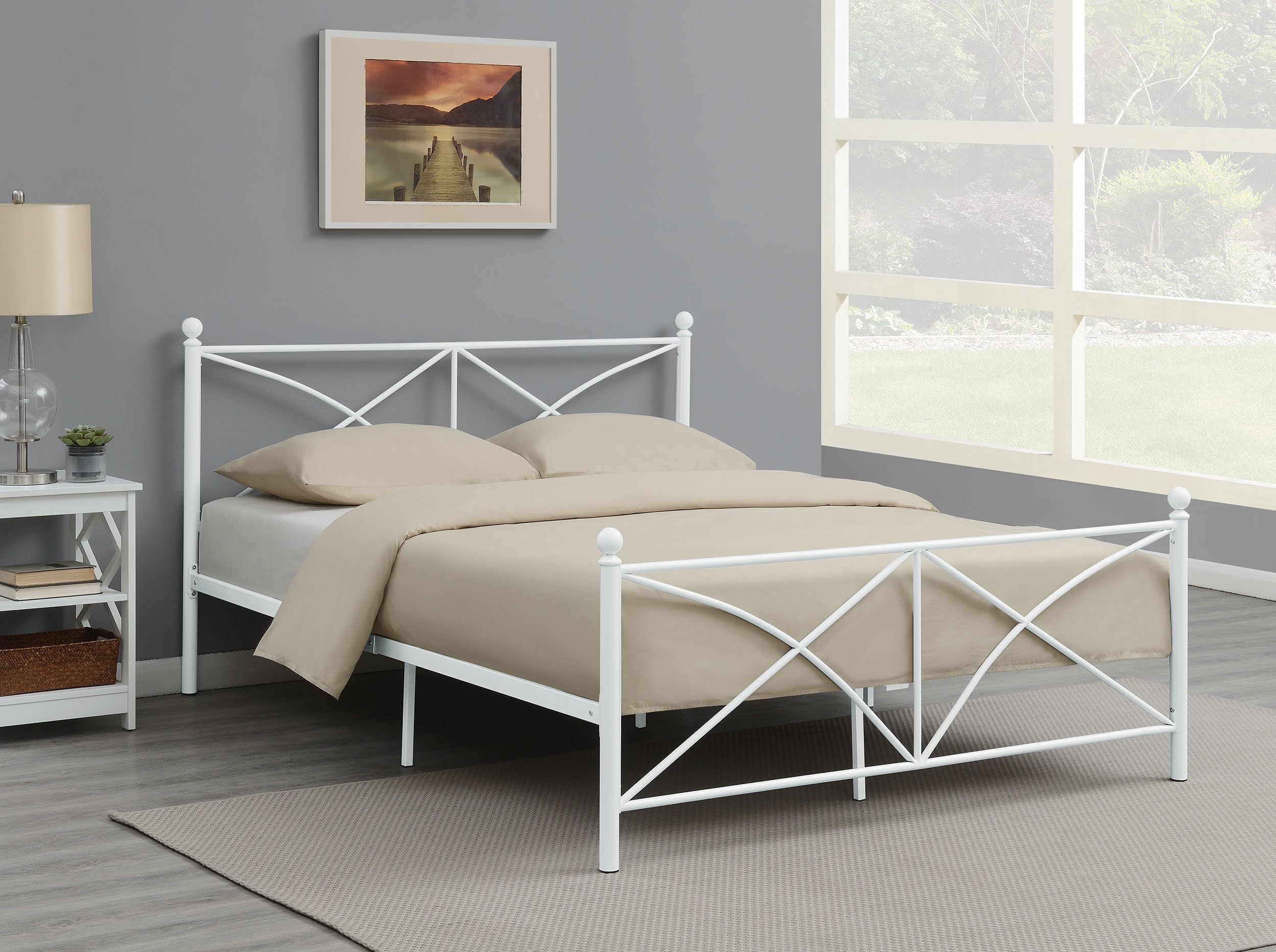 Coaster Home Furnishings White Metal Queen Size Platform Bed Frame - Modern Bedroom Furniture for Small Spaces & Guest Rooms
