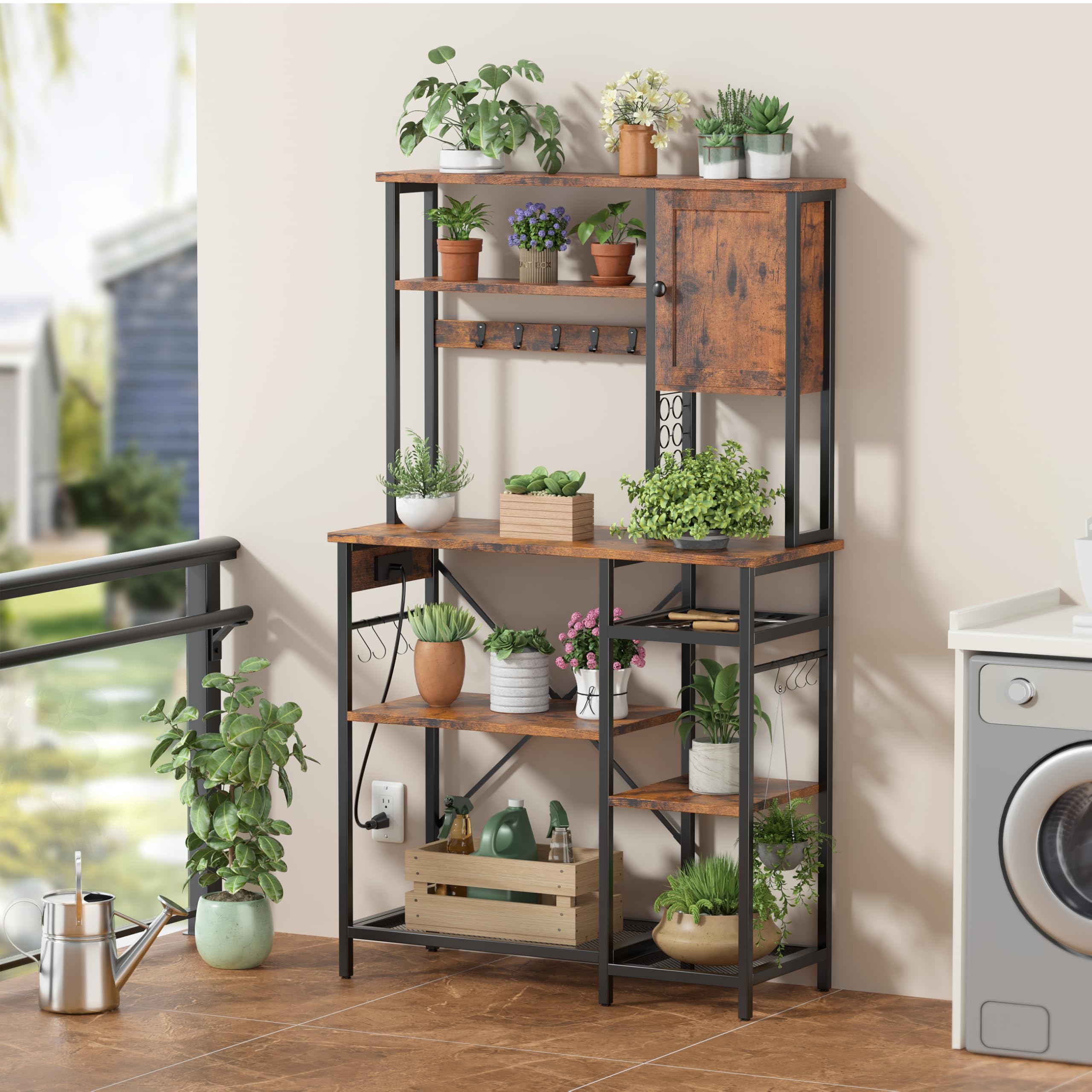 5-Tier Metal Bakers Rack with Power Outlet & Storage - Microwave Stand, Coffee Bar Organizer with K-Cup Holder, 39.37