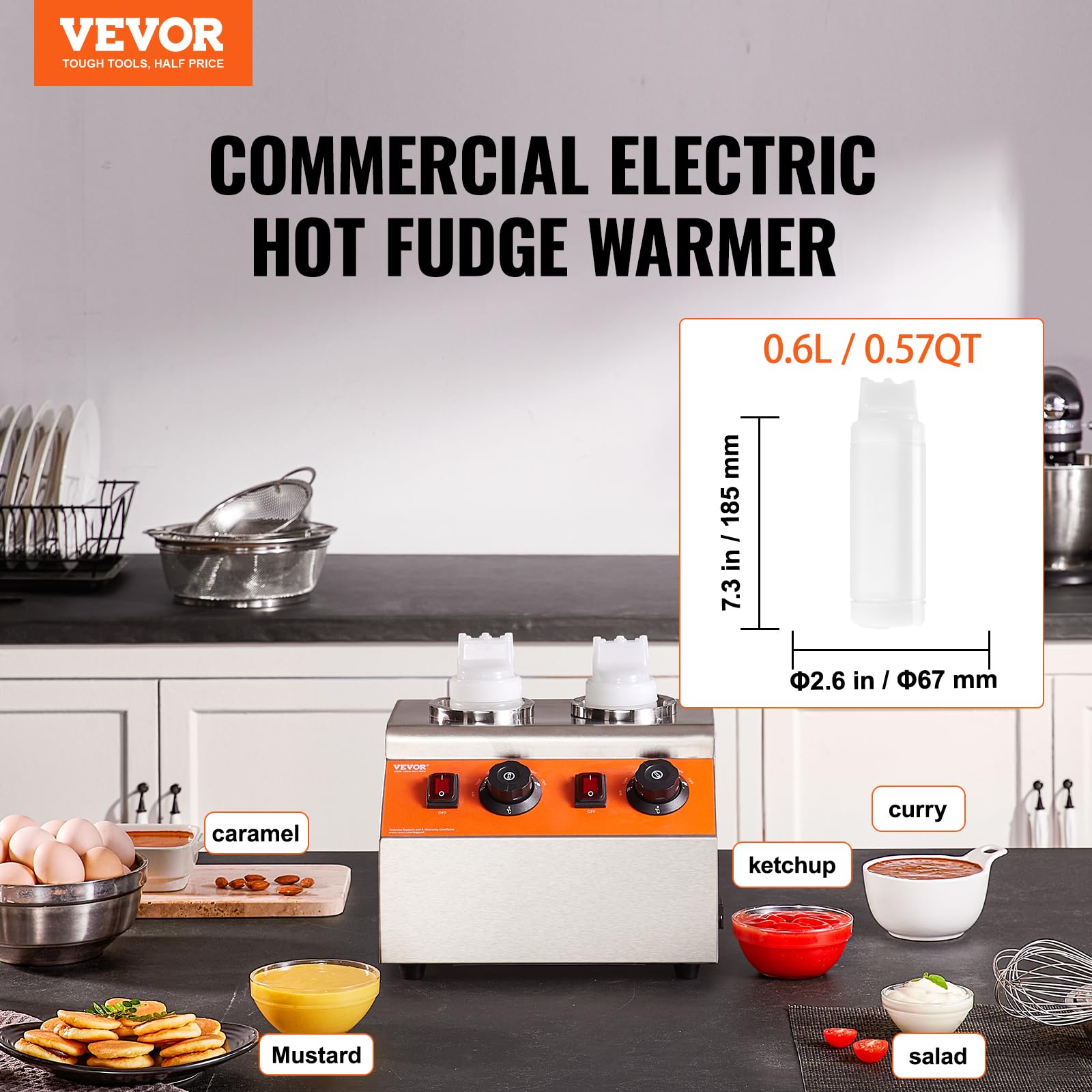 VEVOR Electric Bottle Warmer - 0.57x2 Qt Commercial Dispenser with 86-185°F Adjustable Temperature - Plastic Double Bottles for Hot Fudge, Nacho Cheese, Caramel - Perfect for Restaurants, Cafes & Catering Services