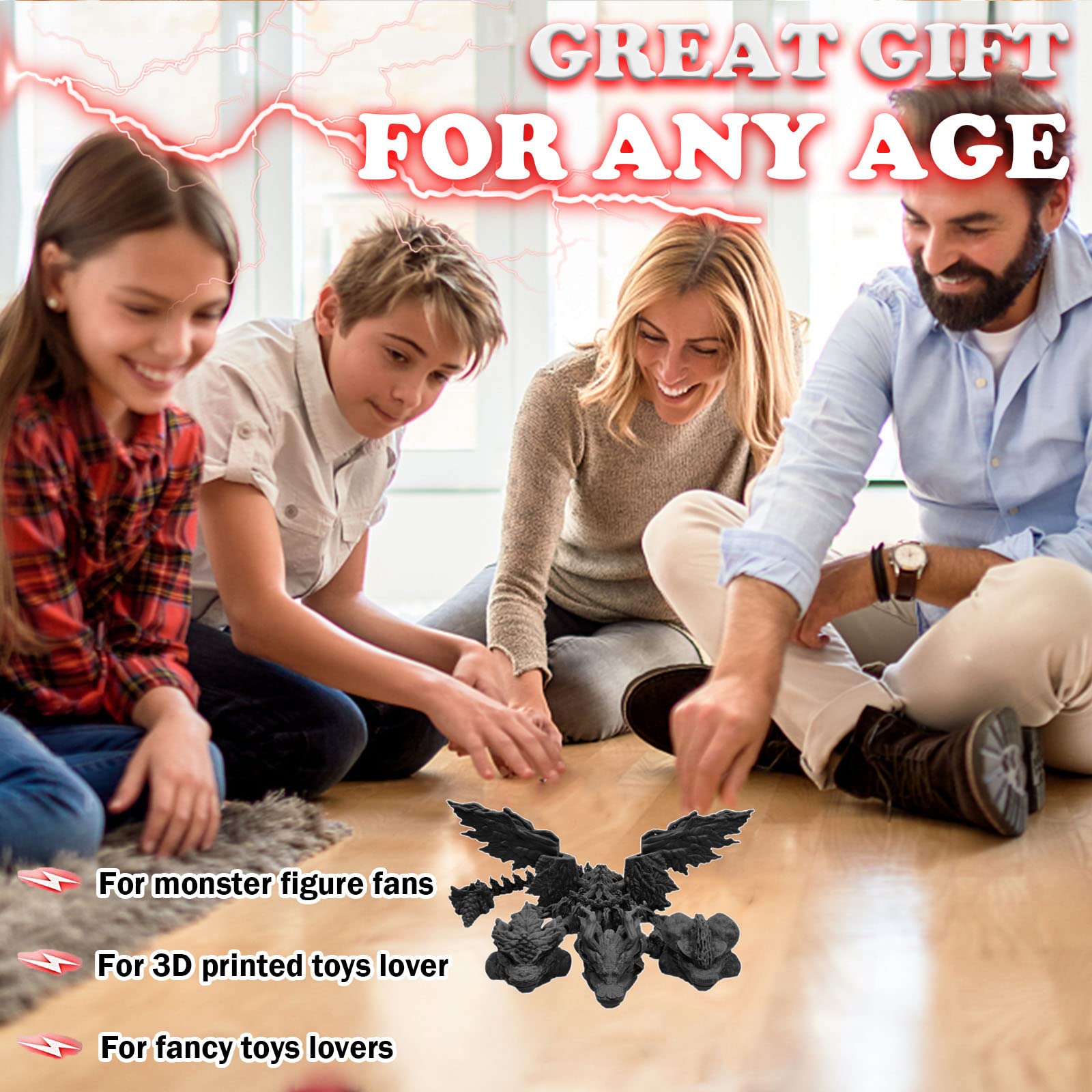 3D Printed Articulated Three-Headed Dragon Toy - Ancient Mythical Beast Monster with Deformable Joints, Anti-Anxiety Action Figure for Collectors (Warriors Black, 15.7 Inch) - Perfect for Home Decor, Fantasy Collections, and Stress Relief Gifts