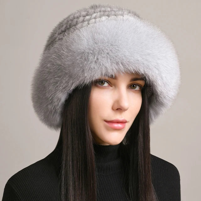 Luxury Handmade Knitted Mink Fur Hat with Real Fox Fur - Women's Winter Fashion Accessory for Cold Weather, Outdoor Activities & Holiday Gifts