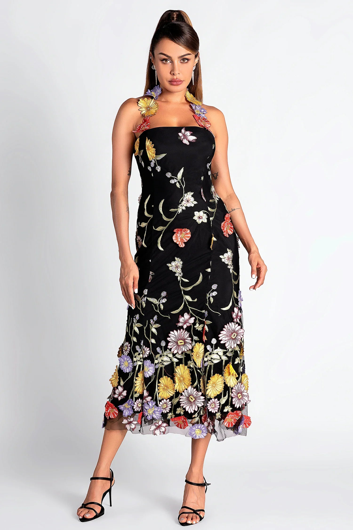 Black Floral Embroidered Halter Midi Dress - Perfect for Summer Parties, Beach Vacations & Date Nights