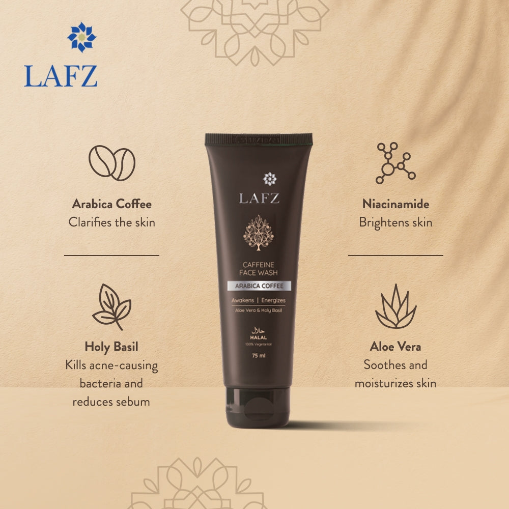 Lafz Caffeine Face Wash Tube 75ml - Brightening & Anti-Aging Facial Cleanser for Men & Women - Perfect for Morning Skincare Routine & Travel Size