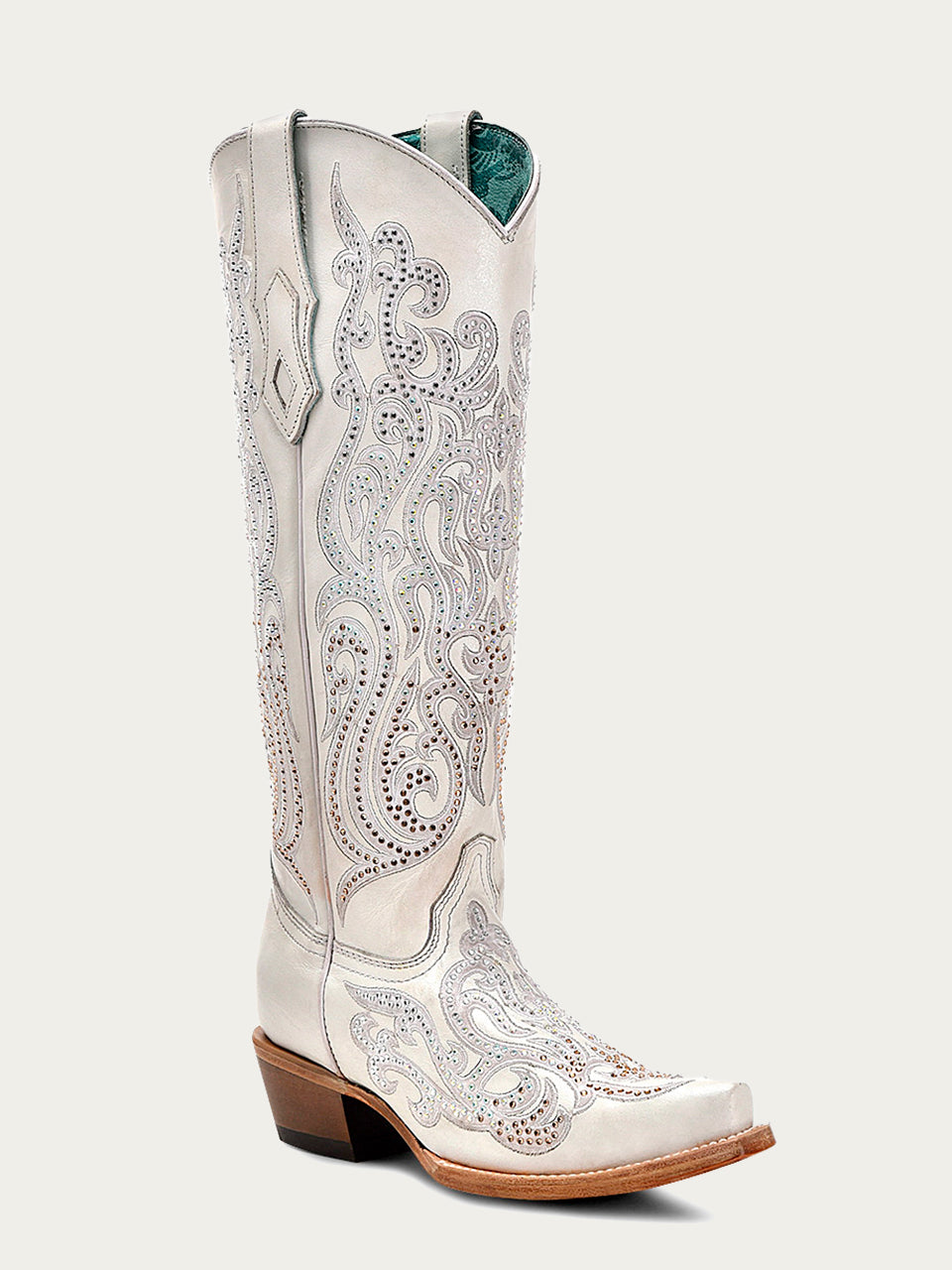 C4099 Women's White Crystal Embellished Snip Toe Cowboy Boots – Perfect for Country Dancing, Rodeos, and Western Fashion