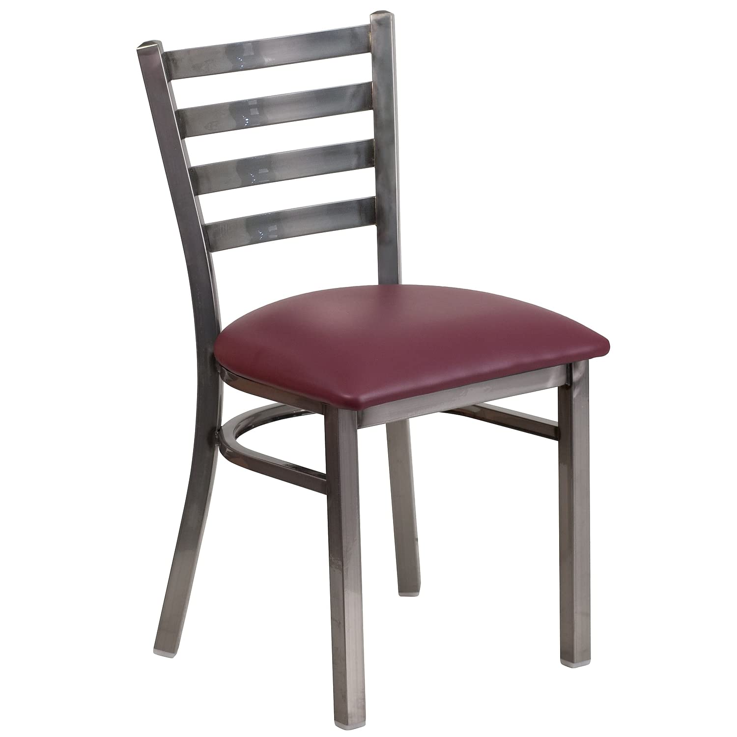 Flash Furniture 2-Pack HERCULES Series Metal Ladder Back Restaurant Chairs with Clear Coating & Burgundy Vinyl Seating - Durable Commercial Dining Chairs for Cafes, Bistros and Home Kitchens