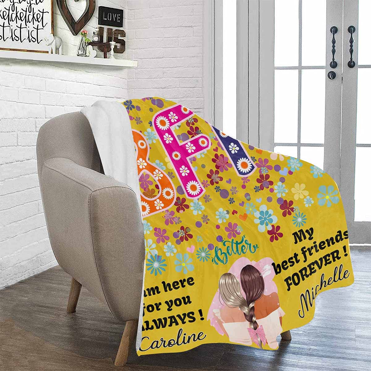 Best Friend Personalized Fleece Blanket - Custom Name & Text Funny Yellow Throw Blanket for Women | Soft Cozy BFF Birthday Gift for Bestie | Perfect for Movie Nights, Sleepovers & Friendship Anniversaries